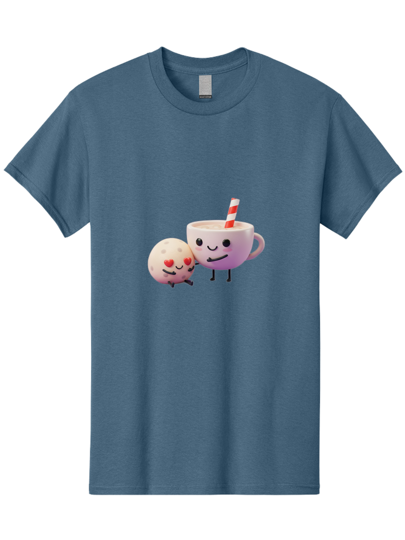Coffee-Cup-And-Cookie Men'S Graphic Tee, 100% Cotton, Comfortable Casual Summer Wear, Machine Washable, Cartoon Cup, Smiling Cookie, Heart Eyes, Striped Straw, Cute Characters, Anthropomorphic Objects, Playful Design, Whimsical Illustration, Bac878
