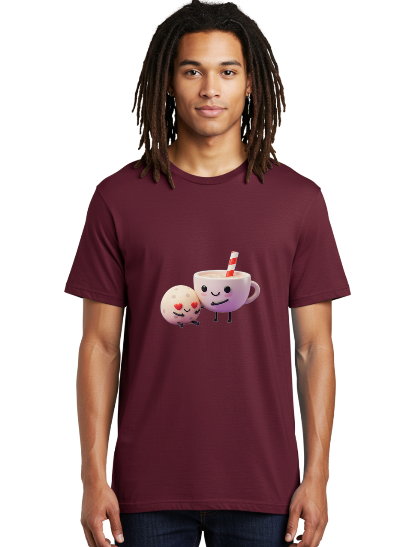 Coffee-Cup-And-Cookie Men'S Graphic Tee, 100% Cotton, Comfortable Casual Summer Wear, Machine Washable, Cartoon Cup, Smiling Cookie, Heart Eyes, Striped Straw, Cute Characters, Anthropomorphic Objects, Playful Design, Whimsical Illustration, Bac878
