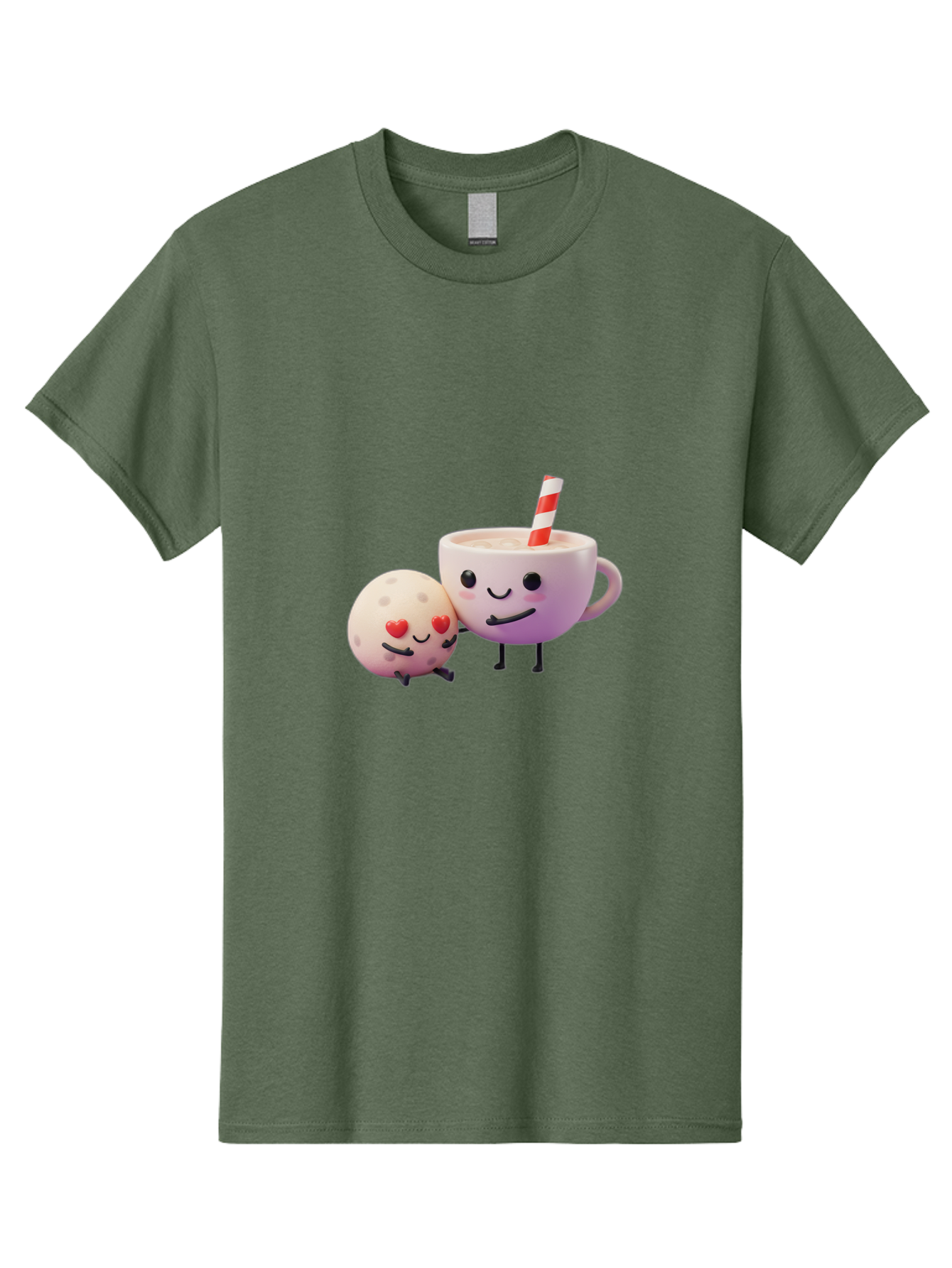 Coffee-Cup-And-Cookie Men'S Graphic Tee, 100% Cotton, Comfortable Casual Summer Wear, Machine Washable, Cartoon Cup, Smiling Cookie, Heart Eyes, Striped Straw, Cute Characters, Anthropomorphic Objects, Playful Design, Whimsical Illustration, Bac878
