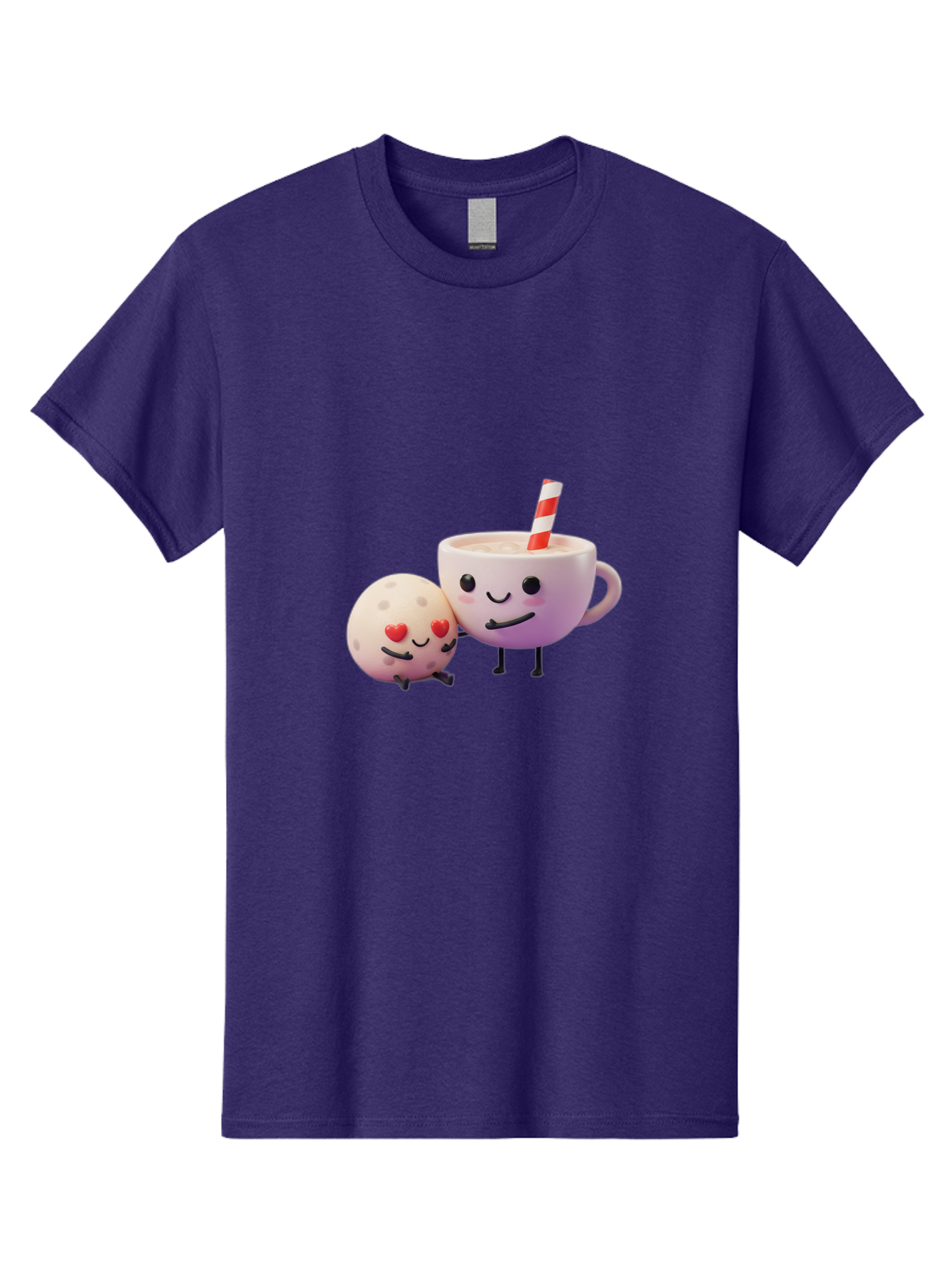 Coffee-Cup-And-Cookie Men'S Graphic Tee, 100% Cotton, Comfortable Casual Summer Wear, Machine Washable, Cartoon Cup, Smiling Cookie, Heart Eyes, Striped Straw, Cute Characters, Anthropomorphic Objects, Playful Design, Whimsical Illustration, Bac878
