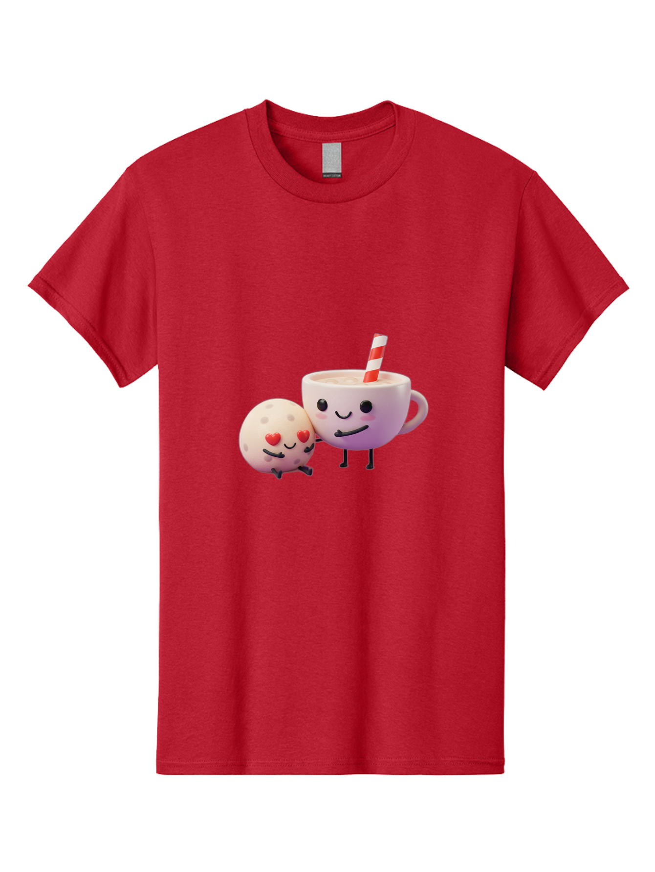 Coffee-Cup-And-Cookie Men'S Graphic Tee, 100% Cotton, Comfortable Casual Summer Wear, Machine Washable, Cartoon Cup, Smiling Cookie, Heart Eyes, Striped Straw, Cute Characters, Anthropomorphic Objects, Playful Design, Whimsical Illustration, Bac878