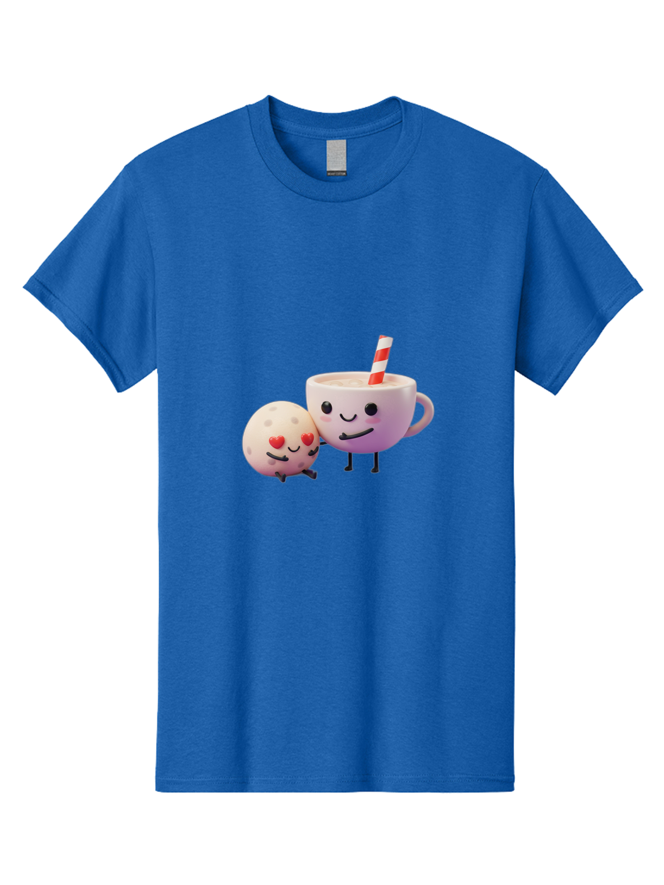 Coffee-Cup-And-Cookie Men'S Graphic Tee, 100% Cotton, Comfortable Casual Summer Wear, Machine Washable, Cartoon Cup, Smiling Cookie, Heart Eyes, Striped Straw, Cute Characters, Anthropomorphic Objects, Playful Design, Whimsical Illustration, Bac878