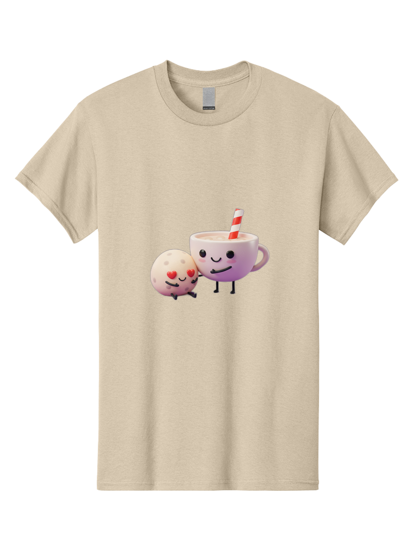 Coffee-Cup-And-Cookie Men'S Graphic Tee, 100% Cotton, Comfortable Casual Summer Wear, Machine Washable, Cartoon Cup, Smiling Cookie, Heart Eyes, Striped Straw, Cute Characters, Anthropomorphic Objects, Playful Design, Whimsical Illustration, Bac878