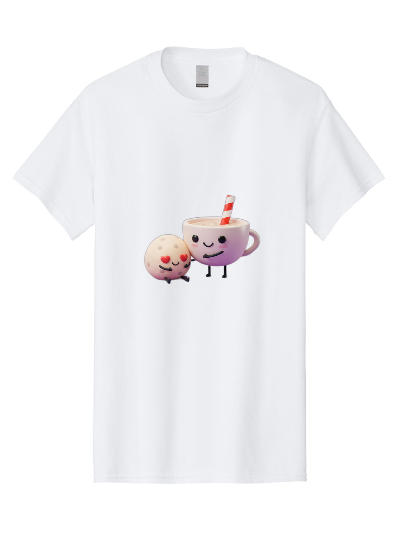 Coffee-Cup-And-Cookie Men'S Graphic Tee, 100% Cotton, Comfortable Casual Summer Wear, Machine Washable, Cartoon Cup, Smiling Cookie, Heart Eyes, Striped Straw, Cute Characters, Anthropomorphic Objects, Playful Design, Whimsical Illustration, Bac878