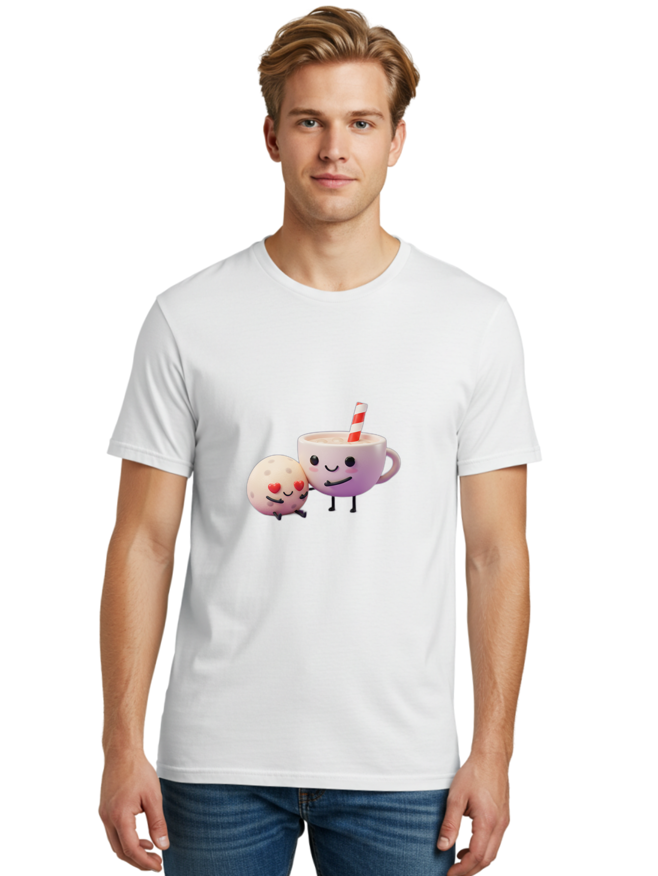 Coffee-Cup-And-Cookie Men'S Graphic Tee, 100% Cotton, Comfortable Casual Summer Wear, Machine Washable, Cartoon Cup, Smiling Cookie, Heart Eyes, Striped Straw, Cute Characters, Anthropomorphic Objects, Playful Design, Whimsical Illustration, Bac878
