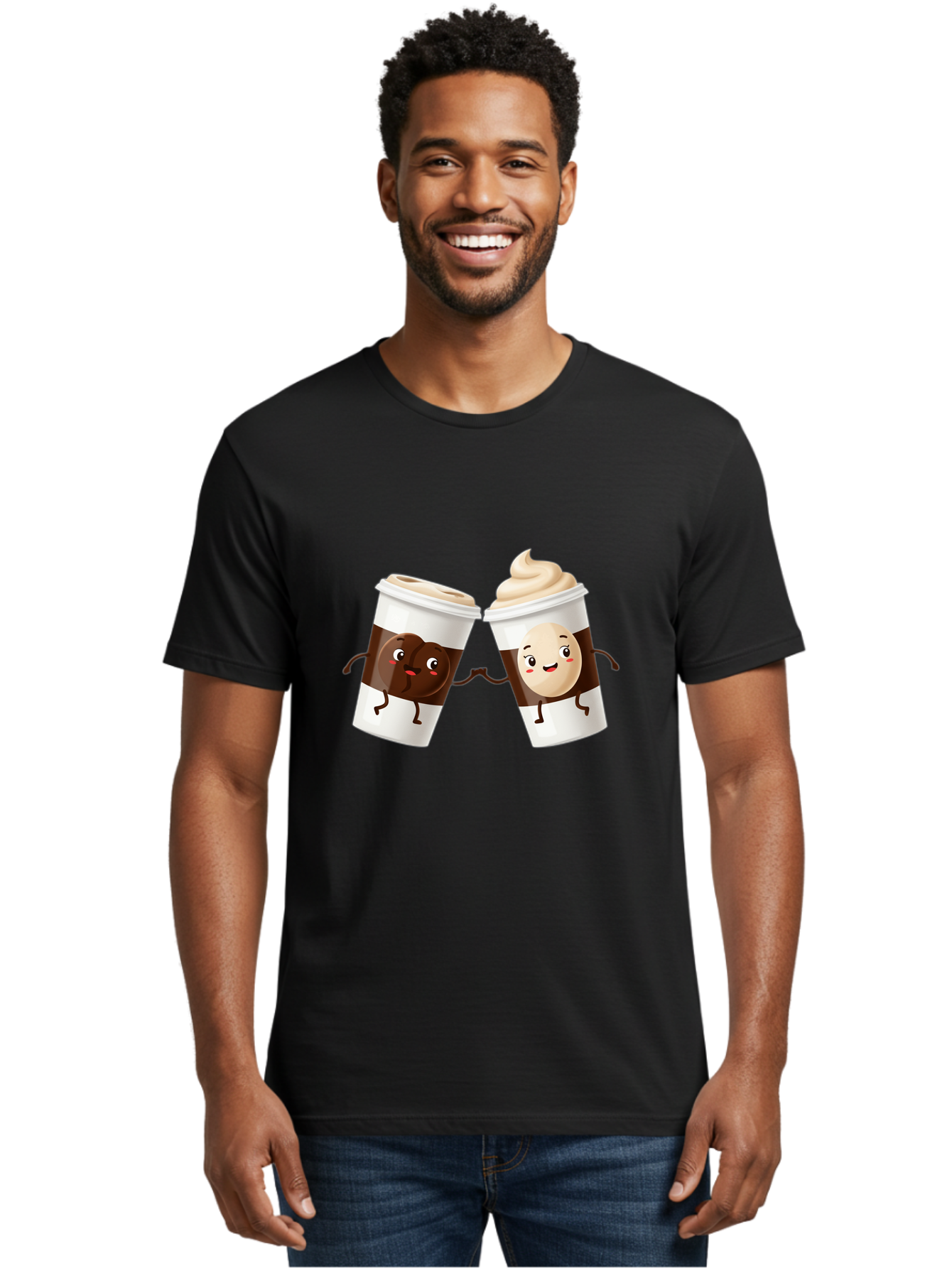 Coffee-Cups Men'S Graphic Tee, 100% Cotton, Comfortable Casual Summer Wear, Machine Washable, Cartoon Coffee Cups, Coffee Characters, Happy Faces, Anthropomorphic Cups, Playful Illustration, Hot Beverages, Cartoon Style, Cup Designs, Bac879