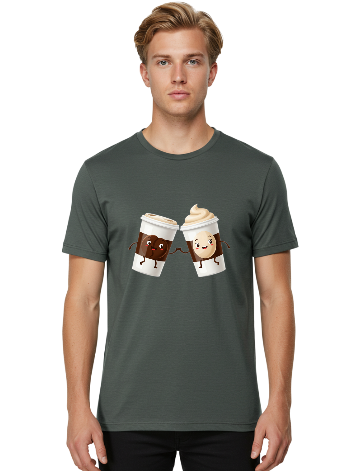 Coffee-Cups Men'S Graphic Tee, 100% Cotton, Comfortable Casual Summer Wear, Machine Washable, Cartoon Coffee Cups, Coffee Characters, Happy Faces, Anthropomorphic Cups, Playful Illustration, Hot Beverages, Cartoon Style, Cup Designs, Bac879