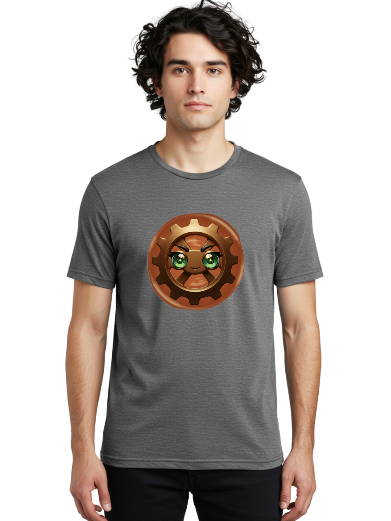 Cog-Character Men'S Graphic Tee, 100% Cotton, Comfortable Casual Summer Wear, Machine Washable, Cartoon Gear Character, Steampunk Design, Mechanical Face, Green Eyes, Eyebrow Raise, 3D Rendering, Gear Teeth, Mechanical Character, Kawaii Style, Bac880