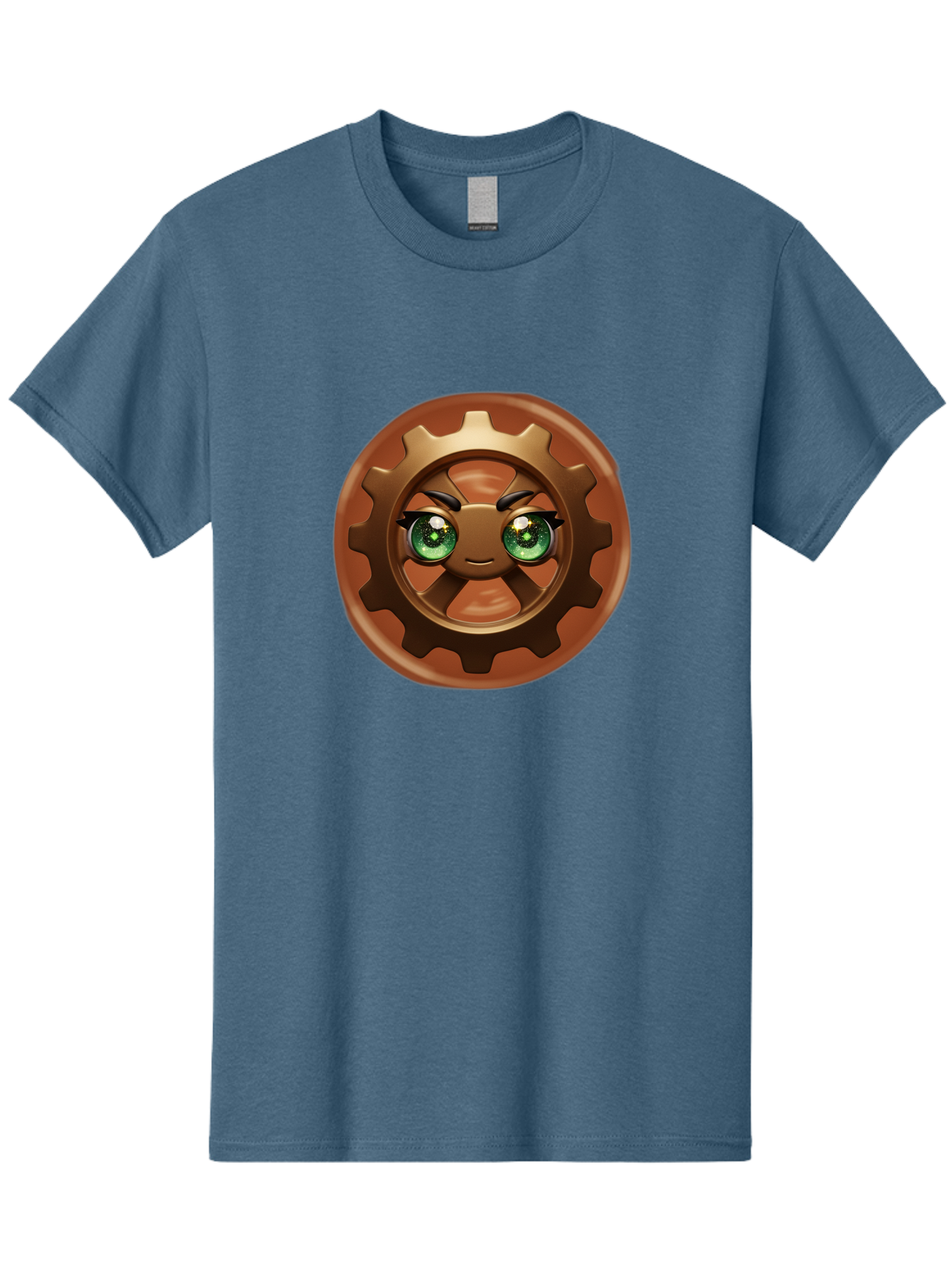 Cog-Character Men'S Graphic Tee, 100% Cotton, Comfortable Casual Summer Wear, Machine Washable, Cartoon Gear Character, Steampunk Design, Mechanical Face, Green Eyes, Eyebrow Raise, 3D Rendering, Gear Teeth, Mechanical Character, Kawaii Style, Bac880