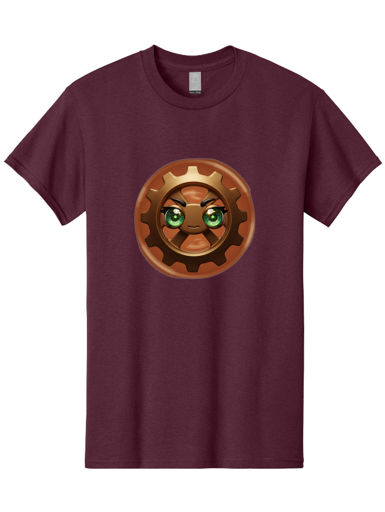 Cog-Character Men'S Graphic Tee, 100% Cotton, Comfortable Casual Summer Wear, Machine Washable, Cartoon Gear Character, Steampunk Design, Mechanical Face, Green Eyes, Eyebrow Raise, 3D Rendering, Gear Teeth, Mechanical Character, Kawaii Style, Bac880