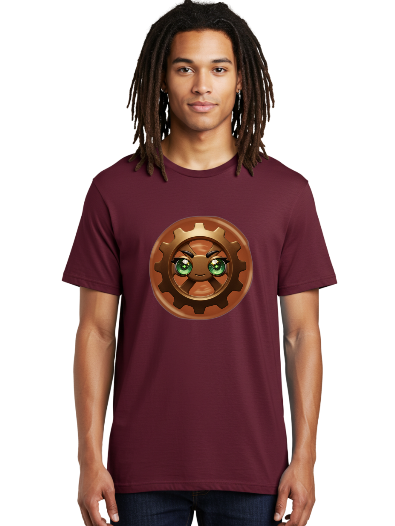 Cog-Character Men'S Graphic Tee, 100% Cotton, Comfortable Casual Summer Wear, Machine Washable, Cartoon Gear Character, Steampunk Design, Mechanical Face, Green Eyes, Eyebrow Raise, 3D Rendering, Gear Teeth, Mechanical Character, Kawaii Style, Bac880