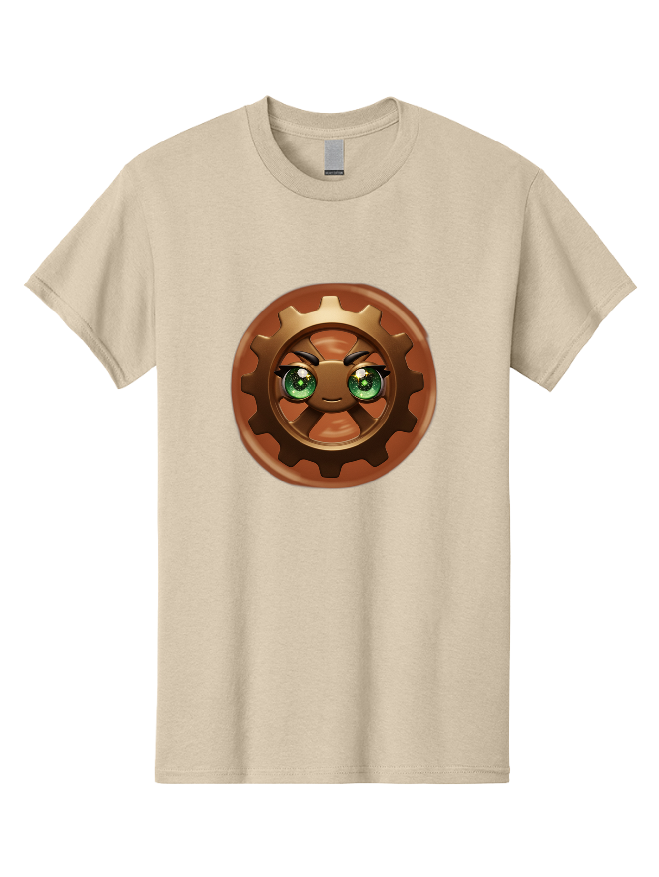 Cog-Character Men'S Graphic Tee, 100% Cotton, Comfortable Casual Summer Wear, Machine Washable, Cartoon Gear Character, Steampunk Design, Mechanical Face, Green Eyes, Eyebrow Raise, 3D Rendering, Gear Teeth, Mechanical Character, Kawaii Style, Bac880