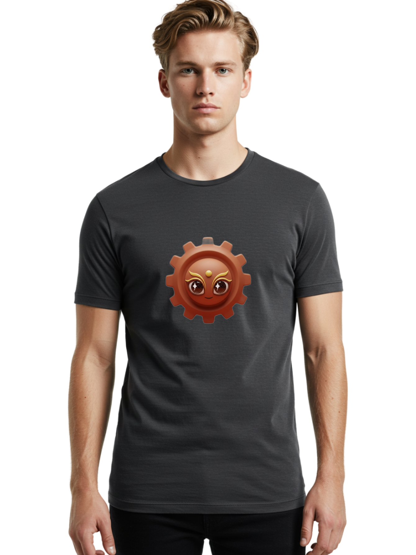 Cog-Emoji-1 Men'S Graphic Tee, 100% Cotton, Comfortable Casual Summer Wear, Machine Washable, Cartoon Cog, Gear Emoji, Mechanical Face, 3D Illustration, Animated Machinery, Robotic Character, Smiling Cog, Tech-Inspired Art, Machinery Parts, Bac881
