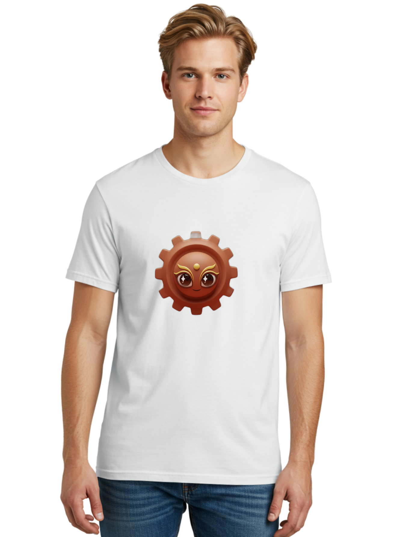 Cog-Emoji-1 Men'S Graphic Tee, 100% Cotton, Comfortable Casual Summer Wear, Machine Washable, Cartoon Cog, Gear Emoji, Mechanical Face, 3D Illustration, Animated Machinery, Robotic Character, Smiling Cog, Tech-Inspired Art, Machinery Parts, Bac881