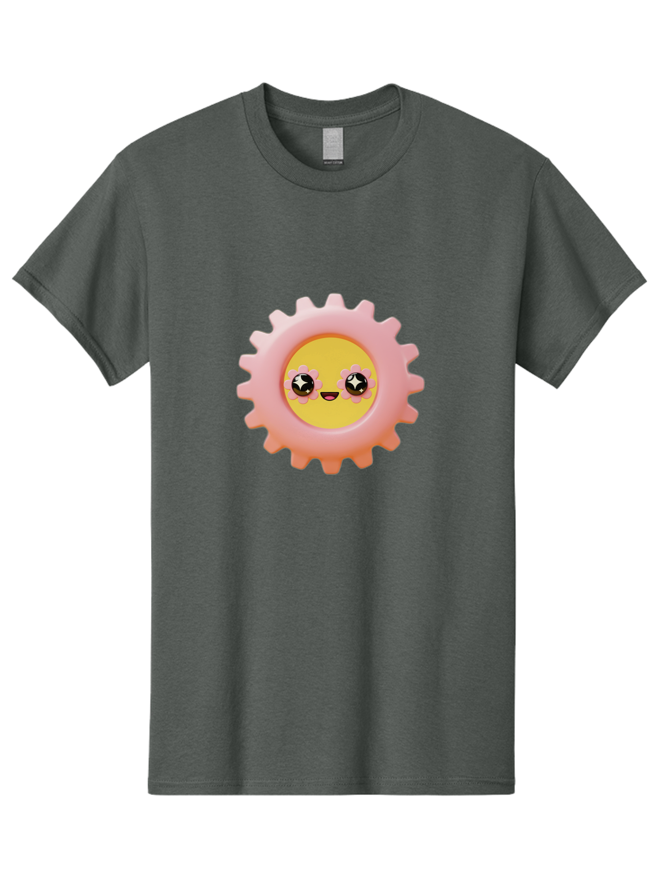 Cog-Emoji Men'S Graphic Tee, 100% Cotton, Comfortable Casual Summer Wear, Machine Washable, Pink Gear, Smiley Face, Cartoon Character, Playful Smile, Happy Expression, Cute Design, Toothed Wheel, Yellow Center, Black Eyes Bac882