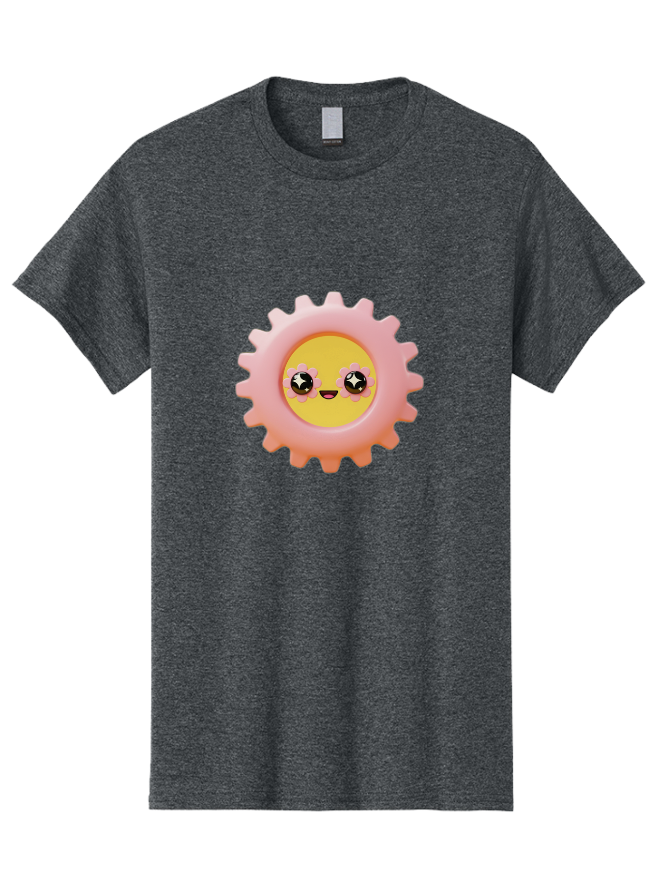 Cog-Emoji Men'S Graphic Tee, 100% Cotton, Comfortable Casual Summer Wear, Machine Washable, Pink Gear, Smiley Face, Cartoon Character, Playful Smile, Happy Expression, Cute Design, Toothed Wheel, Yellow Center, Black Eyes Bac882