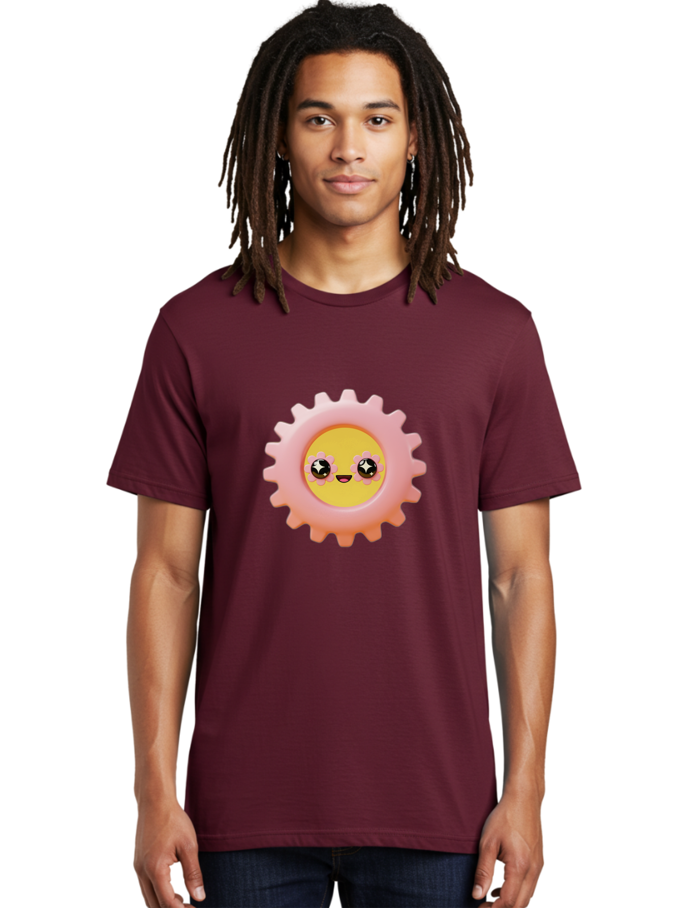 Cog-Emoji Men'S Graphic Tee, 100% Cotton, Comfortable Casual Summer Wear, Machine Washable, Pink Gear, Smiley Face, Cartoon Character, Playful Smile, Happy Expression, Cute Design, Toothed Wheel, Yellow Center, Black Eyes Bac882