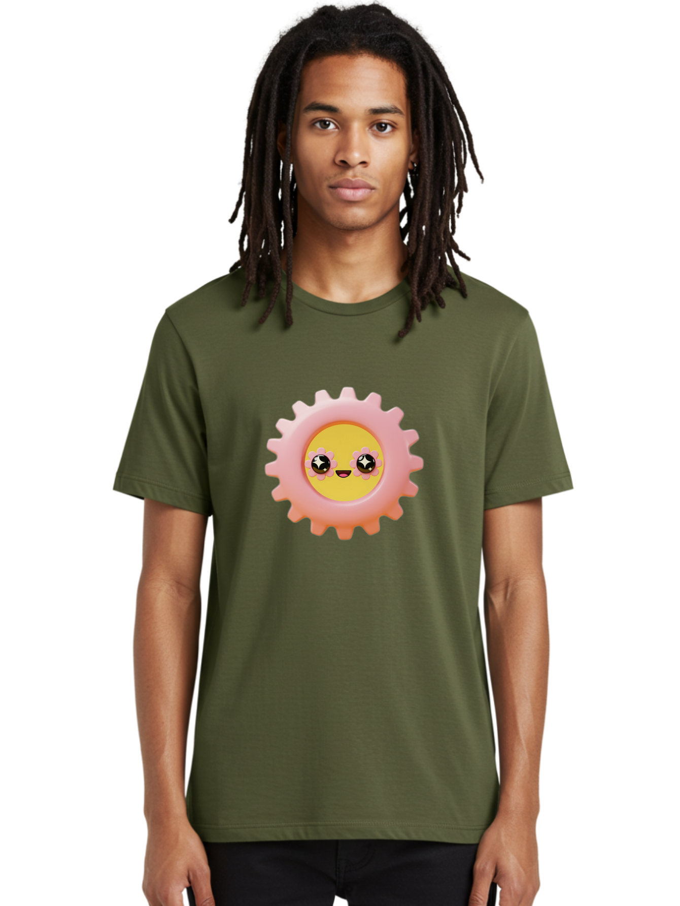 Cog-Emoji Men'S Graphic Tee, 100% Cotton, Comfortable Casual Summer Wear, Machine Washable, Pink Gear, Smiley Face, Cartoon Character, Playful Smile, Happy Expression, Cute Design, Toothed Wheel, Yellow Center, Black Eyes Bac882