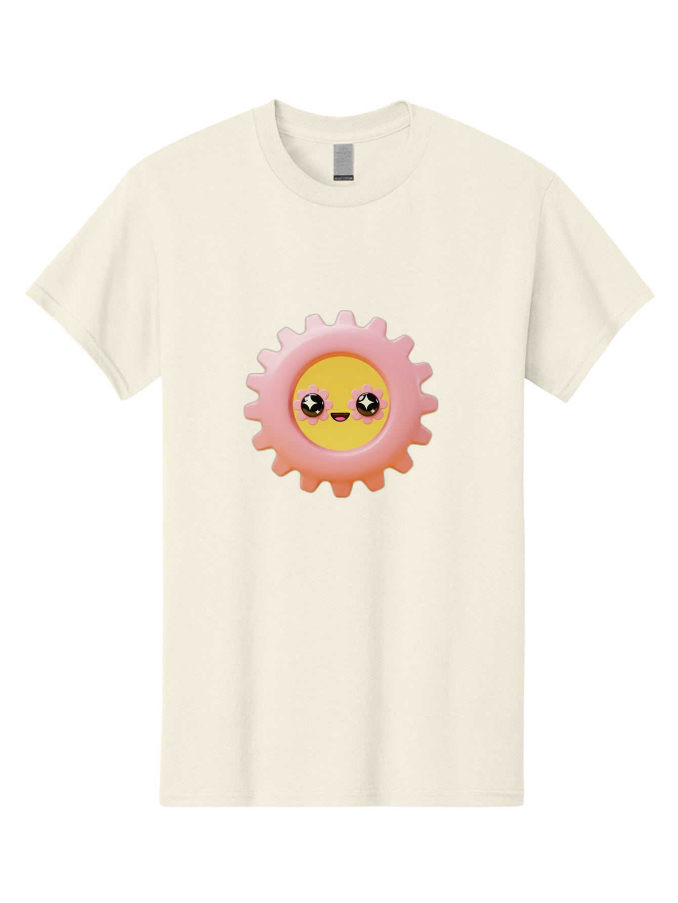 Cog-Emoji Men'S Graphic Tee, 100% Cotton, Comfortable Casual Summer Wear, Machine Washable, Pink Gear, Smiley Face, Cartoon Character, Playful Smile, Happy Expression, Cute Design, Toothed Wheel, Yellow Center, Black Eyes Bac882