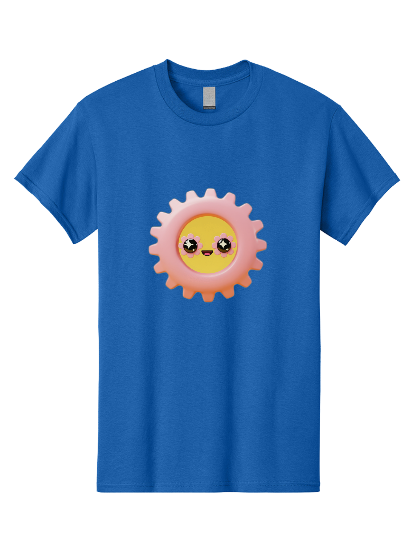 Cog-Emoji Men'S Graphic Tee, 100% Cotton, Comfortable Casual Summer Wear, Machine Washable, Pink Gear, Smiley Face, Cartoon Character, Playful Smile, Happy Expression, Cute Design, Toothed Wheel, Yellow Center, Black Eyes Bac882