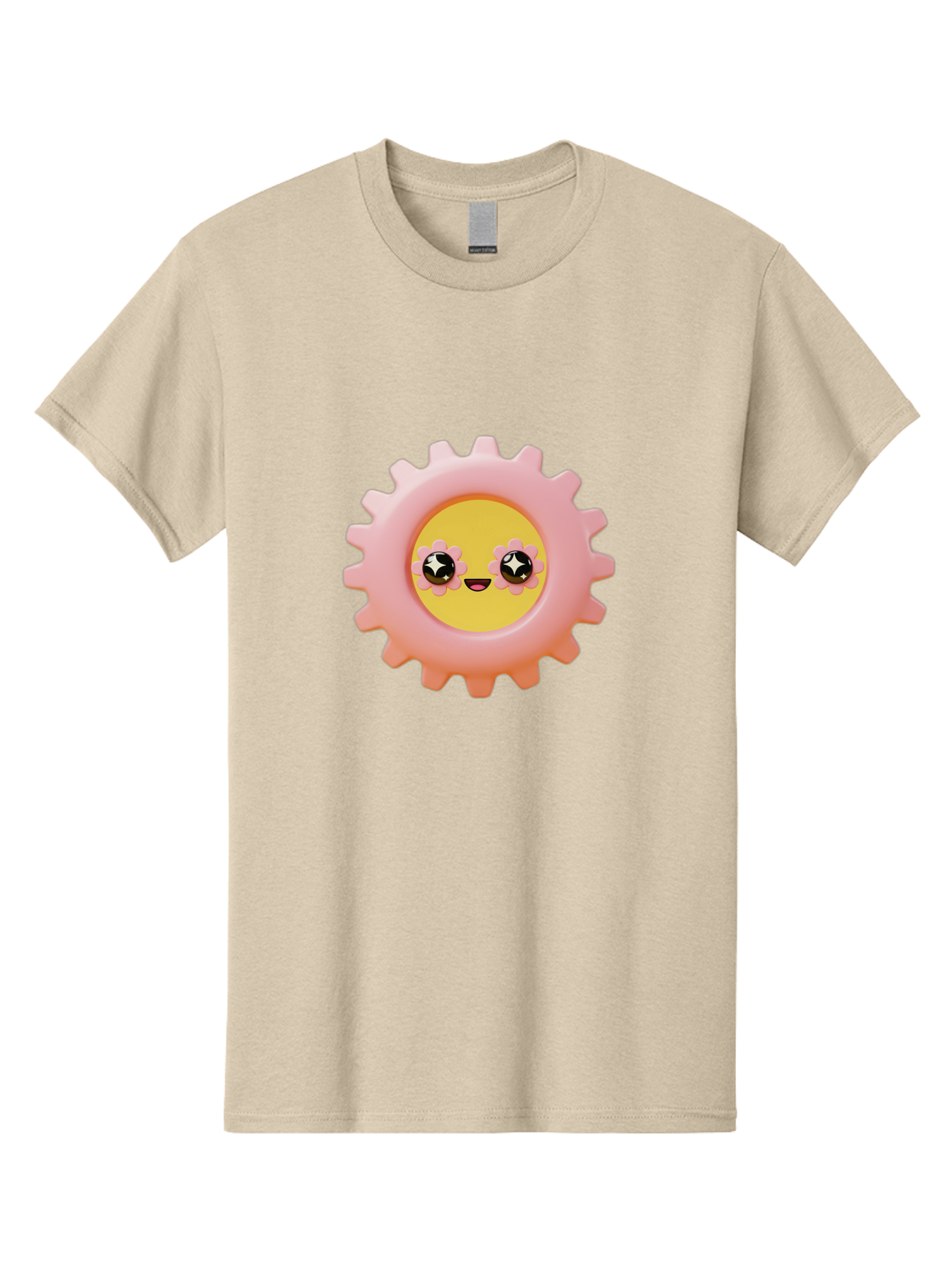 Cog-Emoji Men'S Graphic Tee, 100% Cotton, Comfortable Casual Summer Wear, Machine Washable, Pink Gear, Smiley Face, Cartoon Character, Playful Smile, Happy Expression, Cute Design, Toothed Wheel, Yellow Center, Black Eyes Bac882