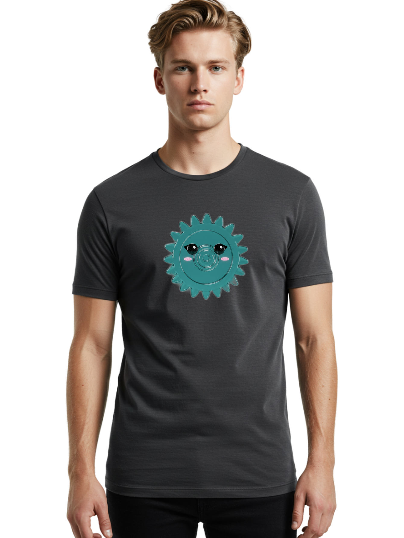 Cog-With-Eyes Men'S Graphic Tee, 100% Cotton, Comfortable Casual Summer Wear, Machine Washable, Cartoon Cog, Mechanical Face, Cute Illustration, Digital Art, Spiky Gear, Playful Design, Tech-Inspired, Fun Character, Machinery Personified, Bac883