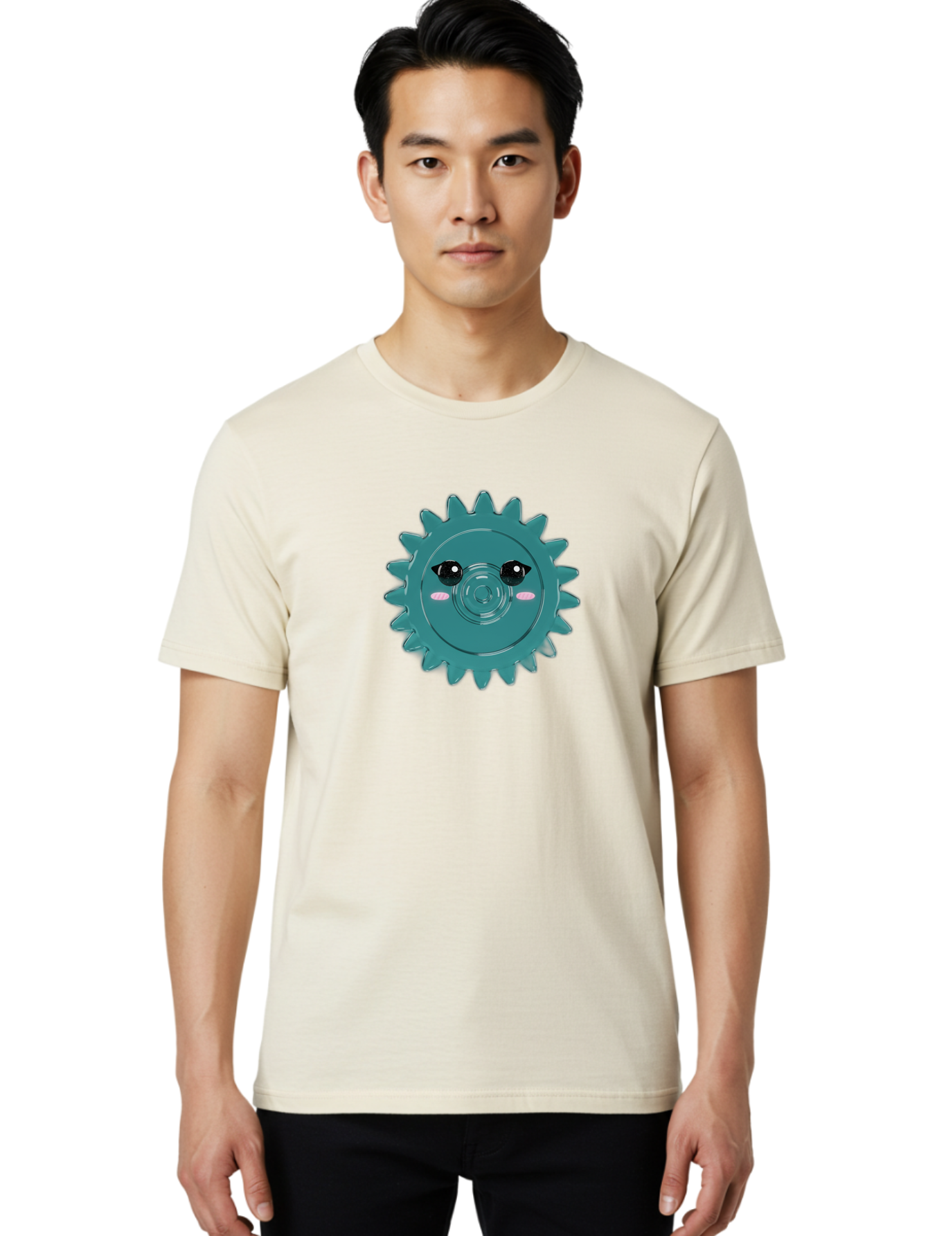 Cog-With-Eyes Men'S Graphic Tee, 100% Cotton, Comfortable Casual Summer Wear, Machine Washable, Cartoon Cog, Mechanical Face, Cute Illustration, Digital Art, Spiky Gear, Playful Design, Tech-Inspired, Fun Character, Machinery Personified, Bac883