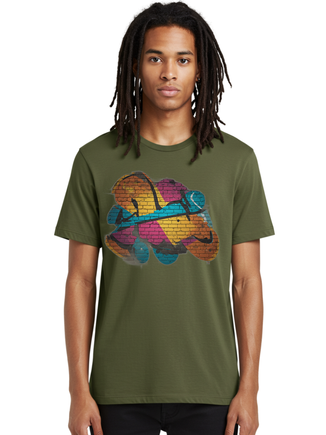 Colorful-Graffiti Men'S Graphic Tee, 100% Cotton, Comfortable Casual Summer Wear, Machine Washable, Graffiti Art, Street Art, Urban Design, Shamrock, Four-Leaf Clover, Colorful Mural, Vibrant Colors, Brick Texture, Symbolic Representation Bac884