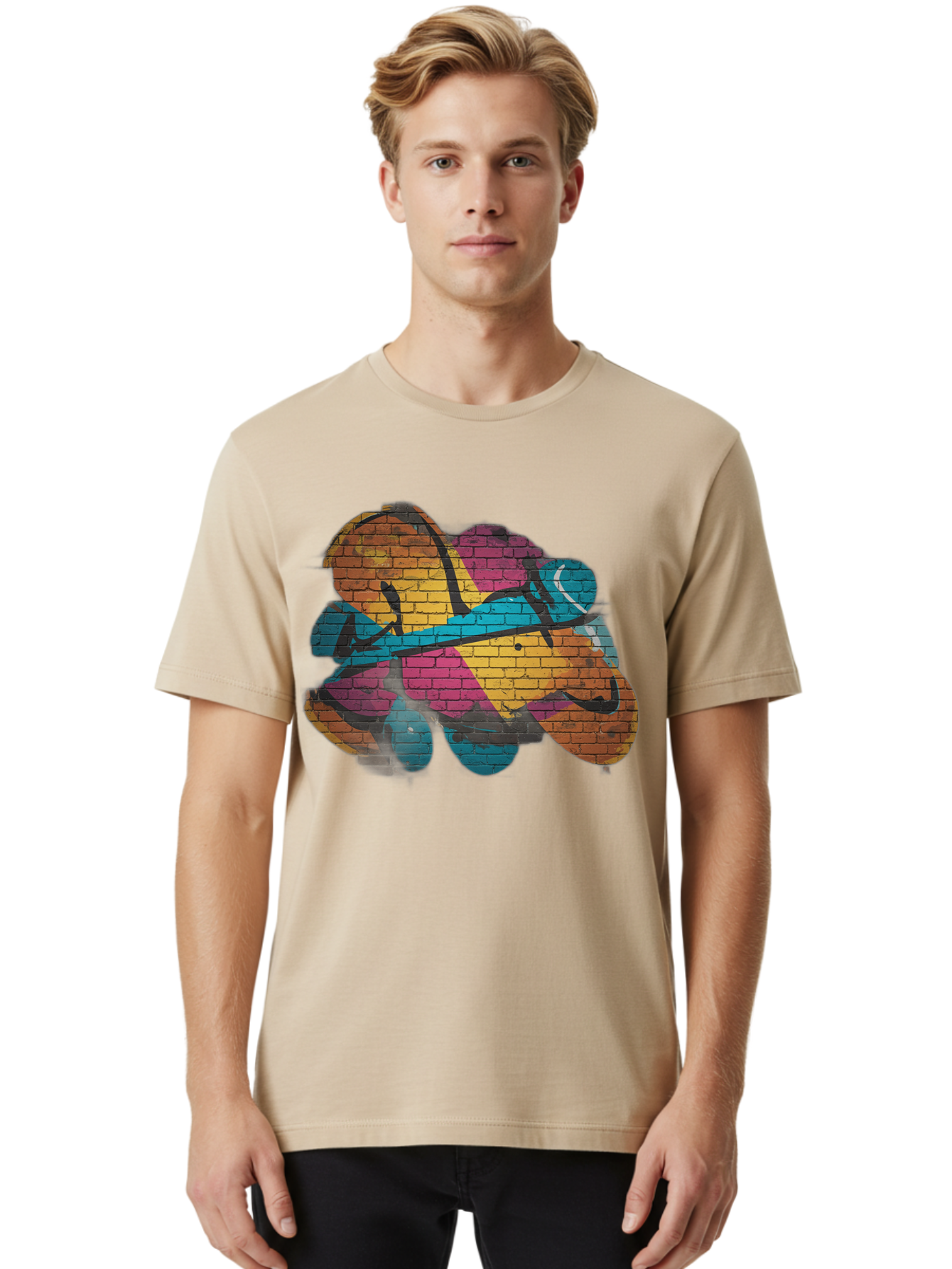 Colorful-Graffiti Men'S Graphic Tee, 100% Cotton, Comfortable Casual Summer Wear, Machine Washable, Graffiti Art, Street Art, Urban Design, Shamrock, Four-Leaf Clover, Colorful Mural, Vibrant Colors, Brick Texture, Symbolic Representation Bac884