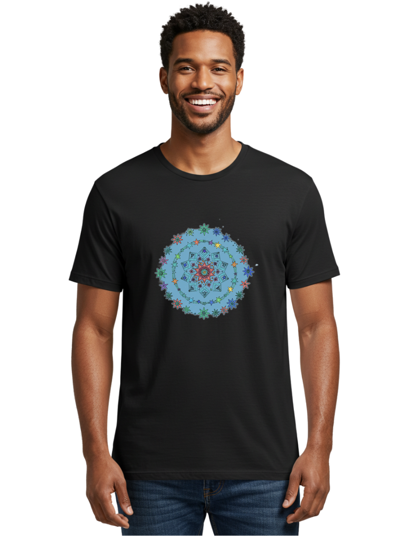 Colorful-Mandala Men'S Graphic Tee, 100% Cotton, Comfortable Casual Summer Wear, Machine Washable, Kaleidoscope Pattern, Mandala Design, Floral Motif, Symmetrical Art, Colorful Geometric Shapes, Vibrant Colors, Intricate Details, Abstract Art, Bac885