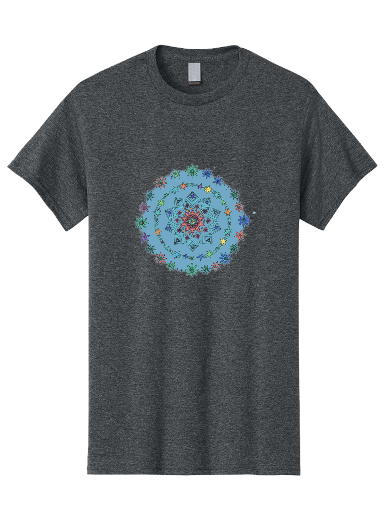 Colorful-Mandala Men'S Graphic Tee, 100% Cotton, Comfortable Casual Summer Wear, Machine Washable, Kaleidoscope Pattern, Mandala Design, Floral Motif, Symmetrical Art, Colorful Geometric Shapes, Vibrant Colors, Intricate Details, Abstract Art, Bac885
