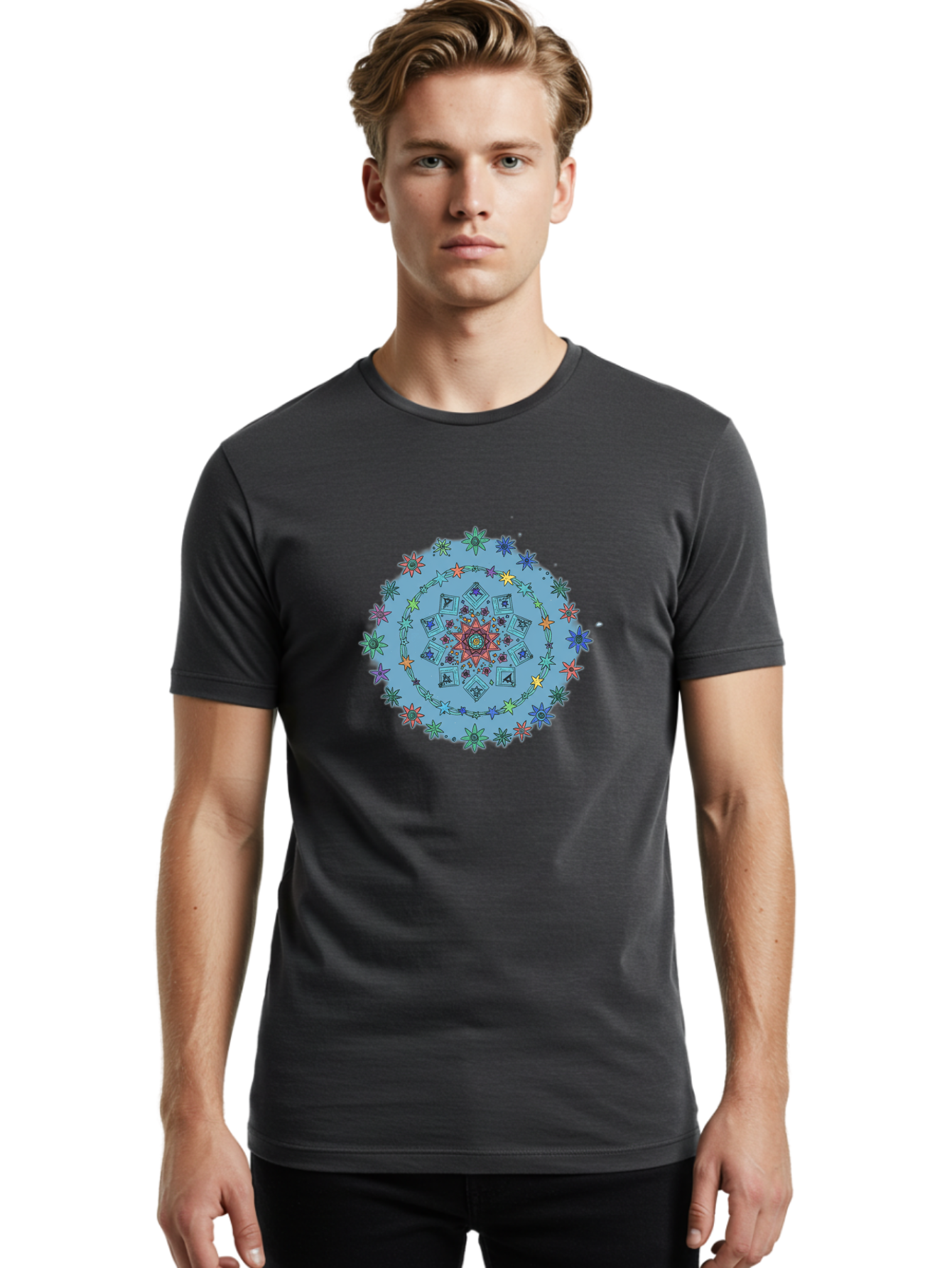 Colorful-Mandala Men'S Graphic Tee, 100% Cotton, Comfortable Casual Summer Wear, Machine Washable, Kaleidoscope Pattern, Mandala Design, Floral Motif, Symmetrical Art, Colorful Geometric Shapes, Vibrant Colors, Intricate Details, Abstract Art, Bac885