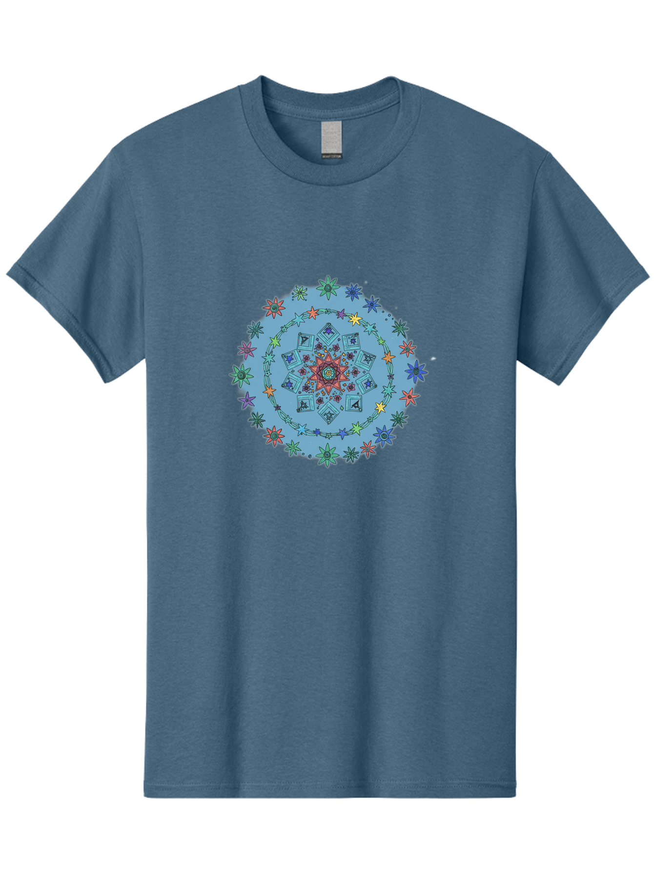 Colorful-Mandala Men'S Graphic Tee, 100% Cotton, Comfortable Casual Summer Wear, Machine Washable, Kaleidoscope Pattern, Mandala Design, Floral Motif, Symmetrical Art, Colorful Geometric Shapes, Vibrant Colors, Intricate Details, Abstract Art, Bac885