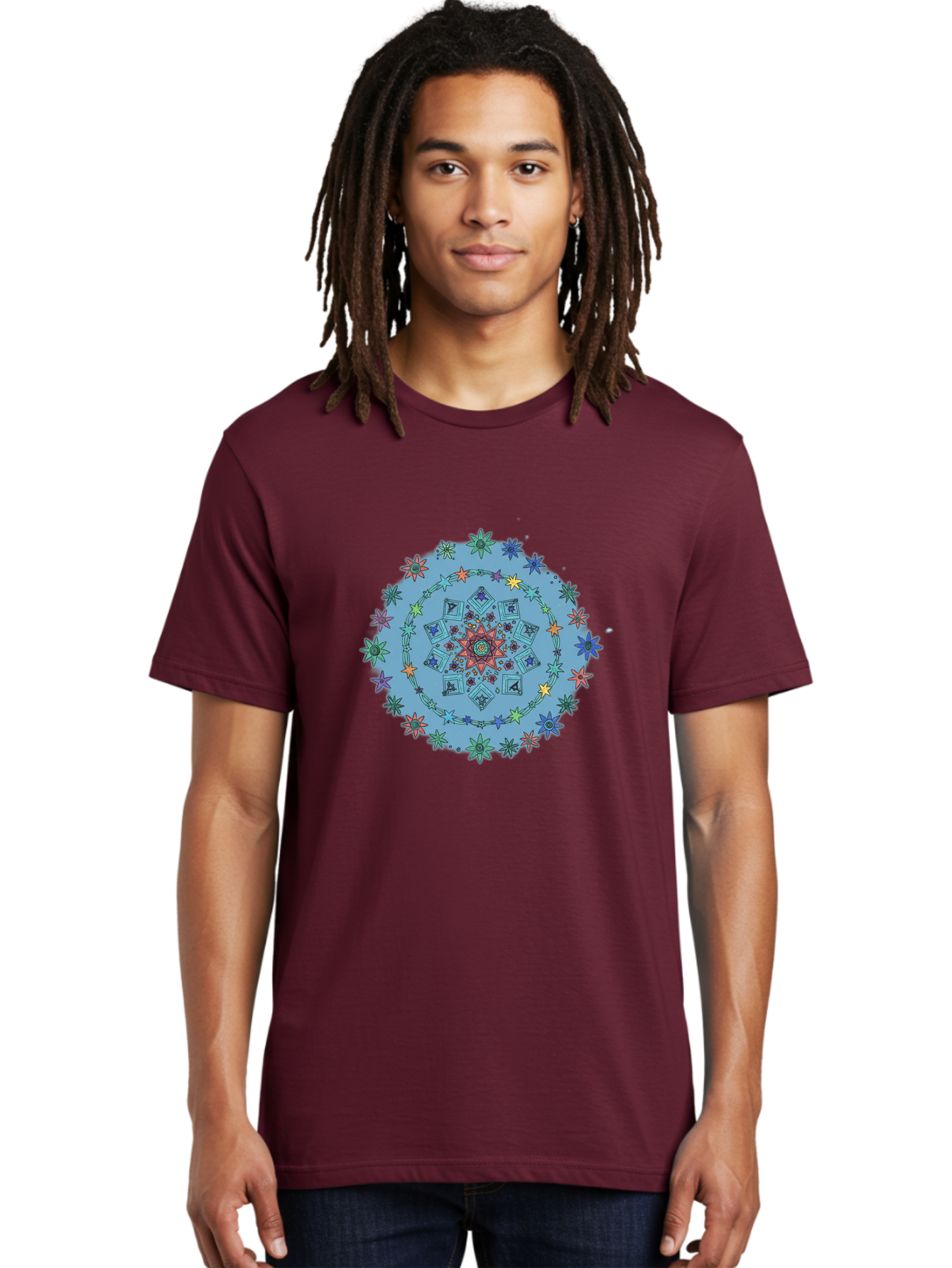 Colorful-Mandala Men'S Graphic Tee, 100% Cotton, Comfortable Casual Summer Wear, Machine Washable, Kaleidoscope Pattern, Mandala Design, Floral Motif, Symmetrical Art, Colorful Geometric Shapes, Vibrant Colors, Intricate Details, Abstract Art, Bac885