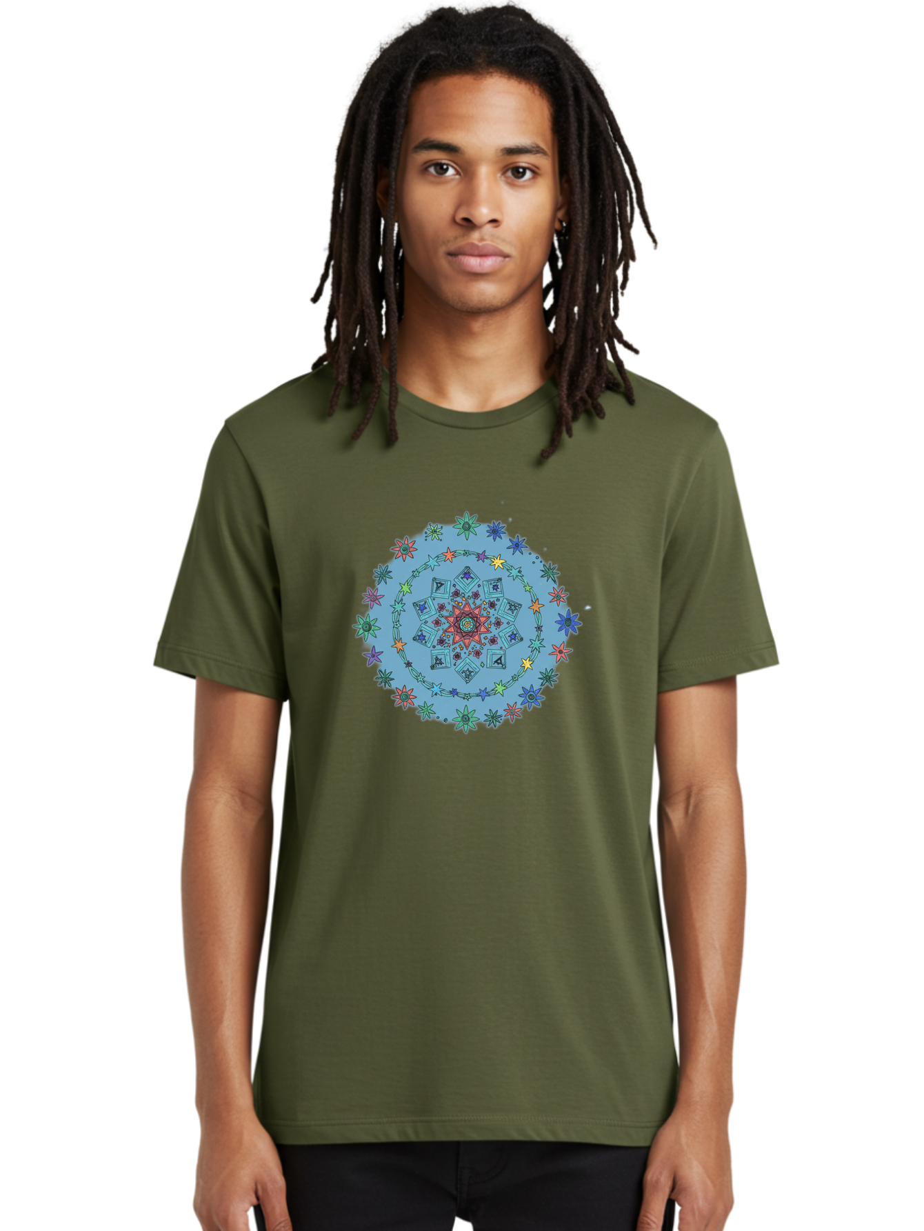 Colorful-Mandala Men'S Graphic Tee, 100% Cotton, Comfortable Casual Summer Wear, Machine Washable, Kaleidoscope Pattern, Mandala Design, Floral Motif, Symmetrical Art, Colorful Geometric Shapes, Vibrant Colors, Intricate Details, Abstract Art, Bac885