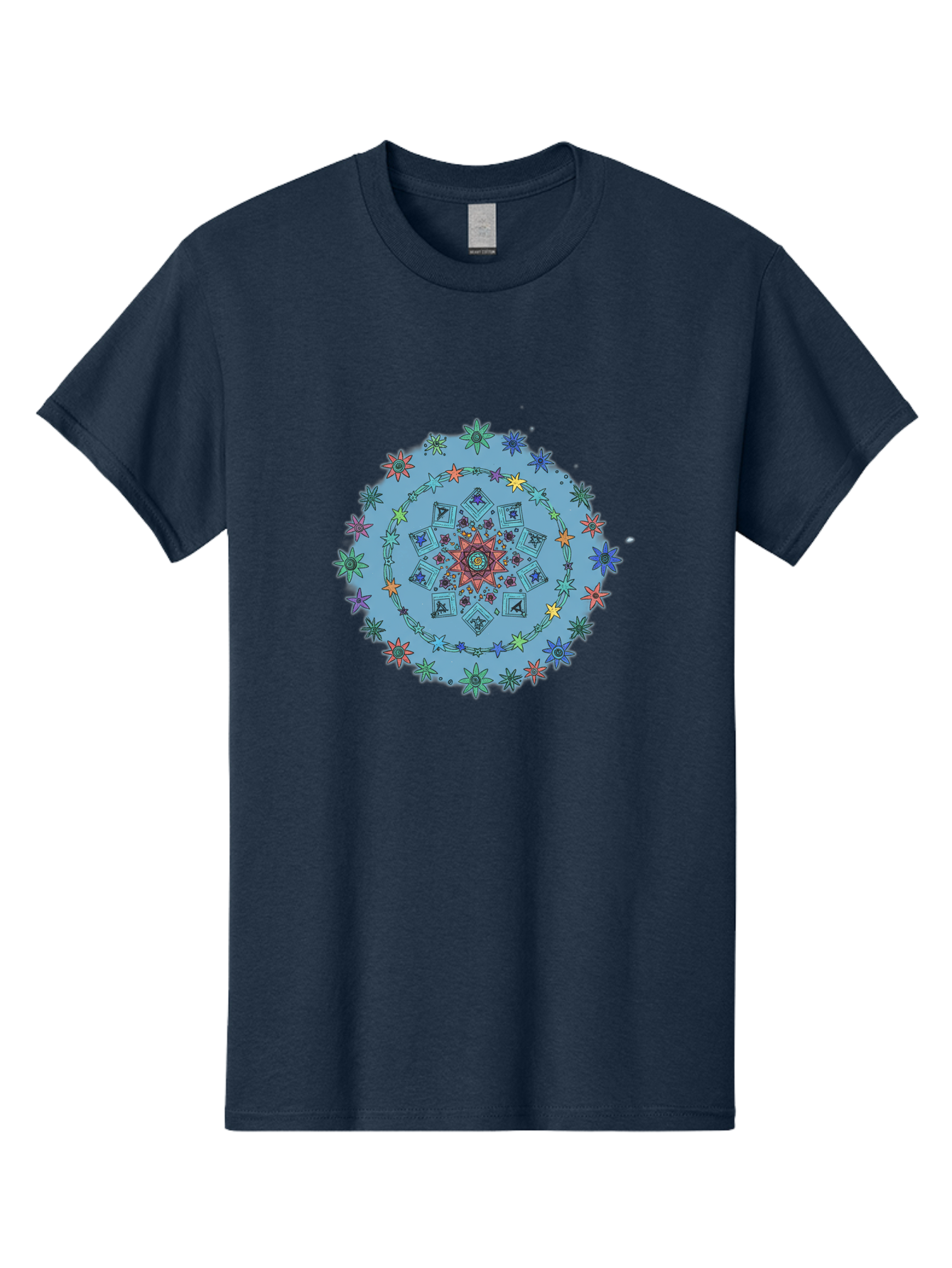 Colorful-Mandala Men'S Graphic Tee, 100% Cotton, Comfortable Casual Summer Wear, Machine Washable, Kaleidoscope Pattern, Mandala Design, Floral Motif, Symmetrical Art, Colorful Geometric Shapes, Vibrant Colors, Intricate Details, Abstract Art, Bac885