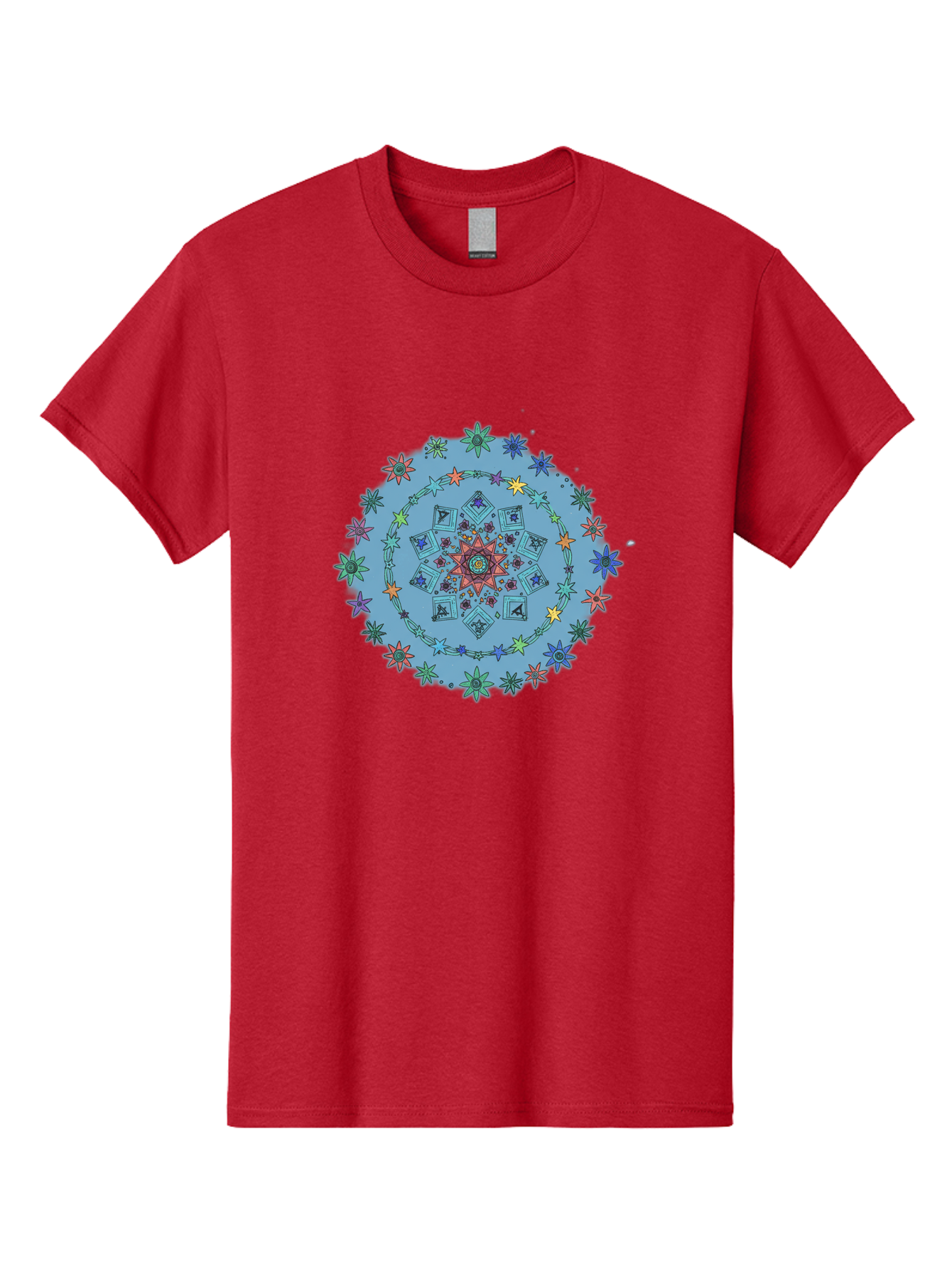Colorful-Mandala Men'S Graphic Tee, 100% Cotton, Comfortable Casual Summer Wear, Machine Washable, Kaleidoscope Pattern, Mandala Design, Floral Motif, Symmetrical Art, Colorful Geometric Shapes, Vibrant Colors, Intricate Details, Abstract Art, Bac885