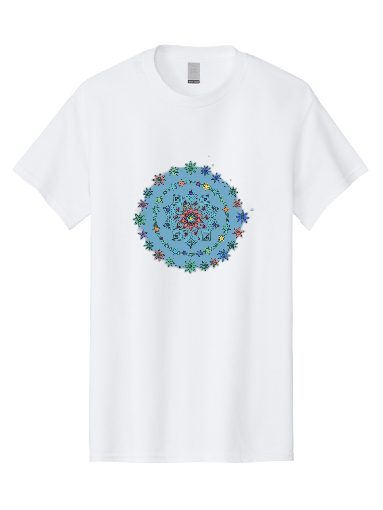 Colorful-Mandala Men'S Graphic Tee, 100% Cotton, Comfortable Casual Summer Wear, Machine Washable, Kaleidoscope Pattern, Mandala Design, Floral Motif, Symmetrical Art, Colorful Geometric Shapes, Vibrant Colors, Intricate Details, Abstract Art, Bac885