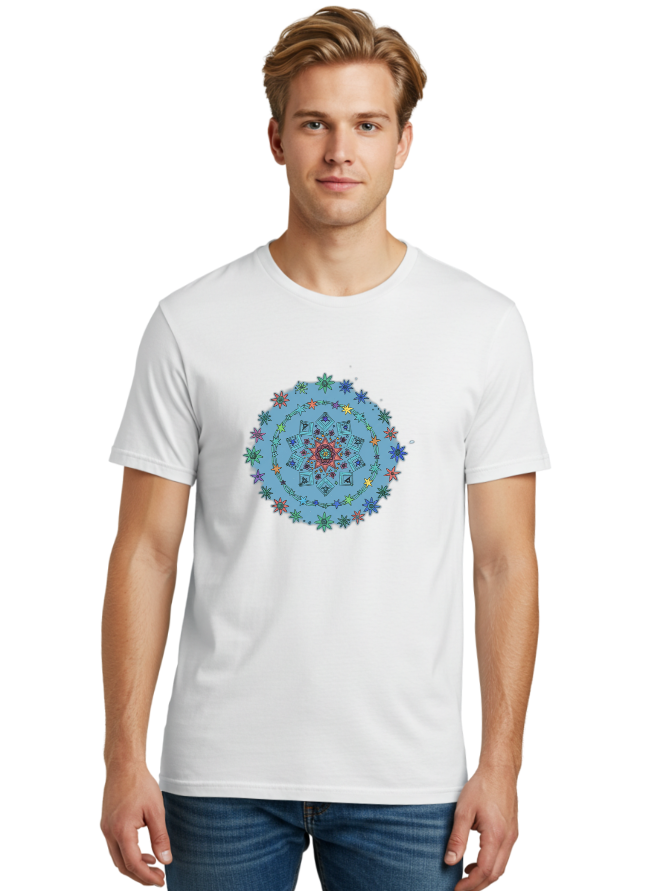 Colorful-Mandala Men'S Graphic Tee, 100% Cotton, Comfortable Casual Summer Wear, Machine Washable, Kaleidoscope Pattern, Mandala Design, Floral Motif, Symmetrical Art, Colorful Geometric Shapes, Vibrant Colors, Intricate Details, Abstract Art, Bac885