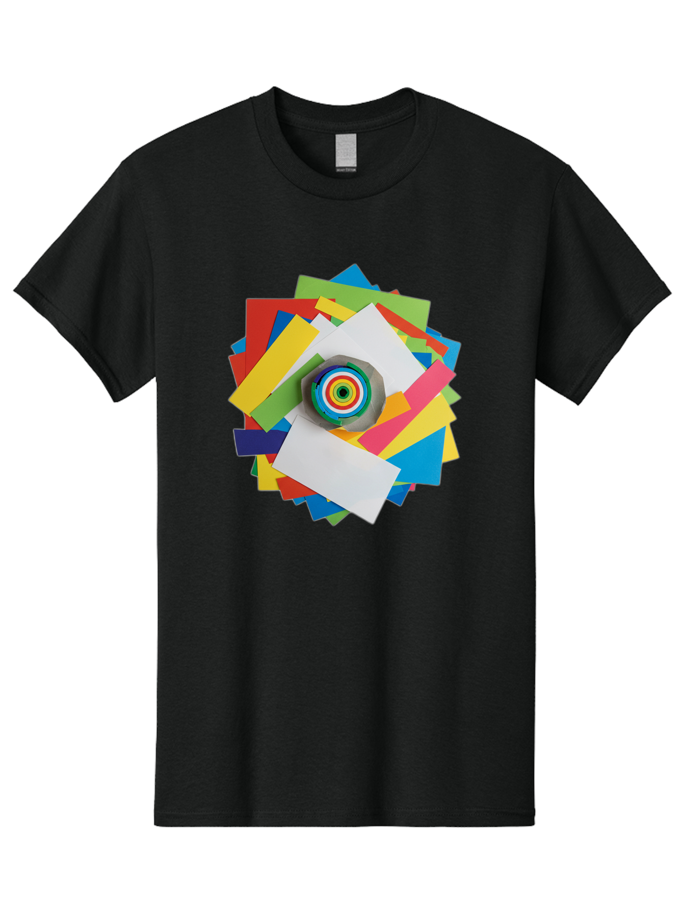 Colorful-Paper-Scraps Men'S Graphic Tee, 100% Cotton, Comfortable Casual Summer Wear, Machine Washable, Multicolored Papers, Camera Lens, Creative Collage, Art Supplies, Vibrant Colors, Colorful Textures, Abstract Art, Photography Equipment Bac886