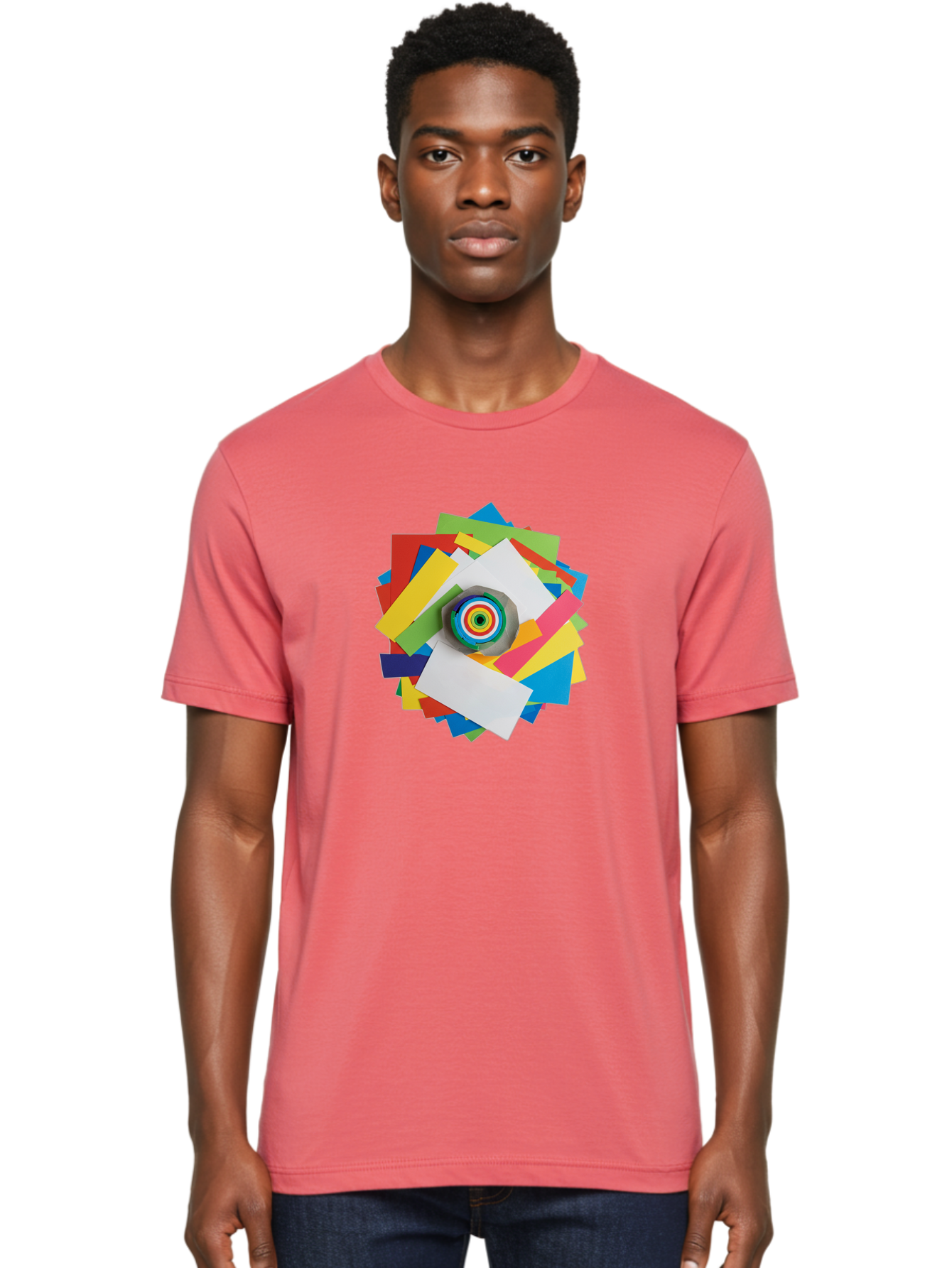 Colorful-Paper-Scraps Men'S Graphic Tee, 100% Cotton, Comfortable Casual Summer Wear, Machine Washable, Multicolored Papers, Camera Lens, Creative Collage, Art Supplies, Vibrant Colors, Colorful Textures, Abstract Art, Photography Equipment Bac886