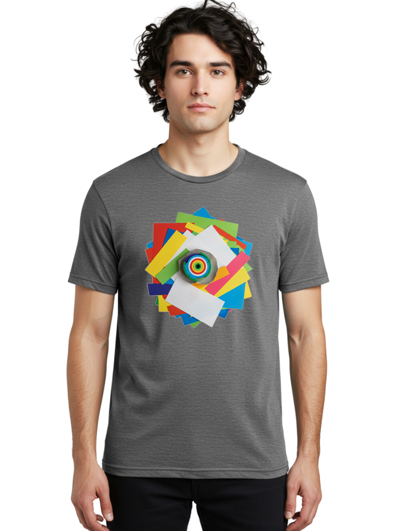 Colorful-Paper-Scraps Men'S Graphic Tee, 100% Cotton, Comfortable Casual Summer Wear, Machine Washable, Multicolored Papers, Camera Lens, Creative Collage, Art Supplies, Vibrant Colors, Colorful Textures, Abstract Art, Photography Equipment Bac886