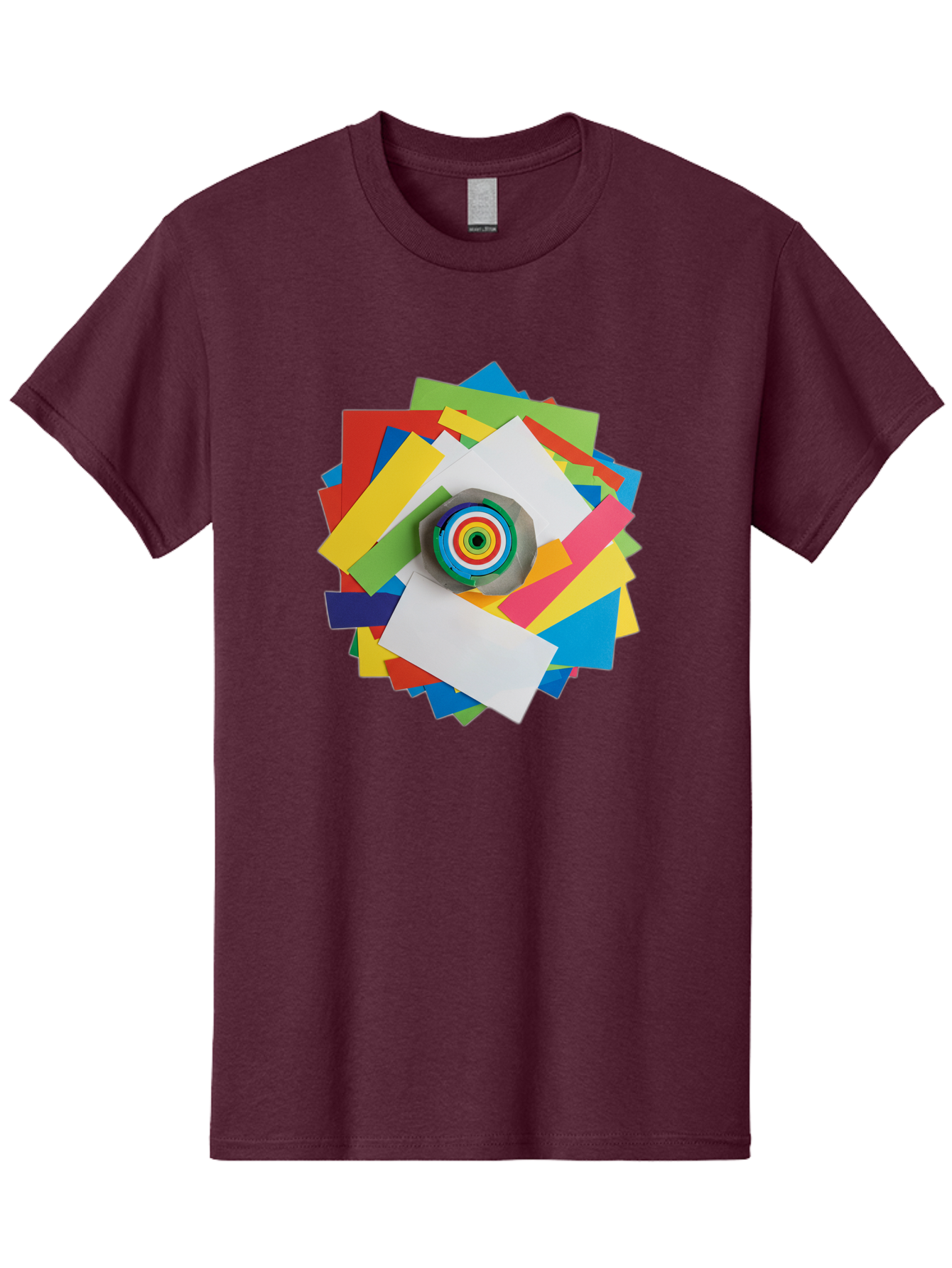 Colorful-Paper-Scraps Men'S Graphic Tee, 100% Cotton, Comfortable Casual Summer Wear, Machine Washable, Multicolored Papers, Camera Lens, Creative Collage, Art Supplies, Vibrant Colors, Colorful Textures, Abstract Art, Photography Equipment Bac886