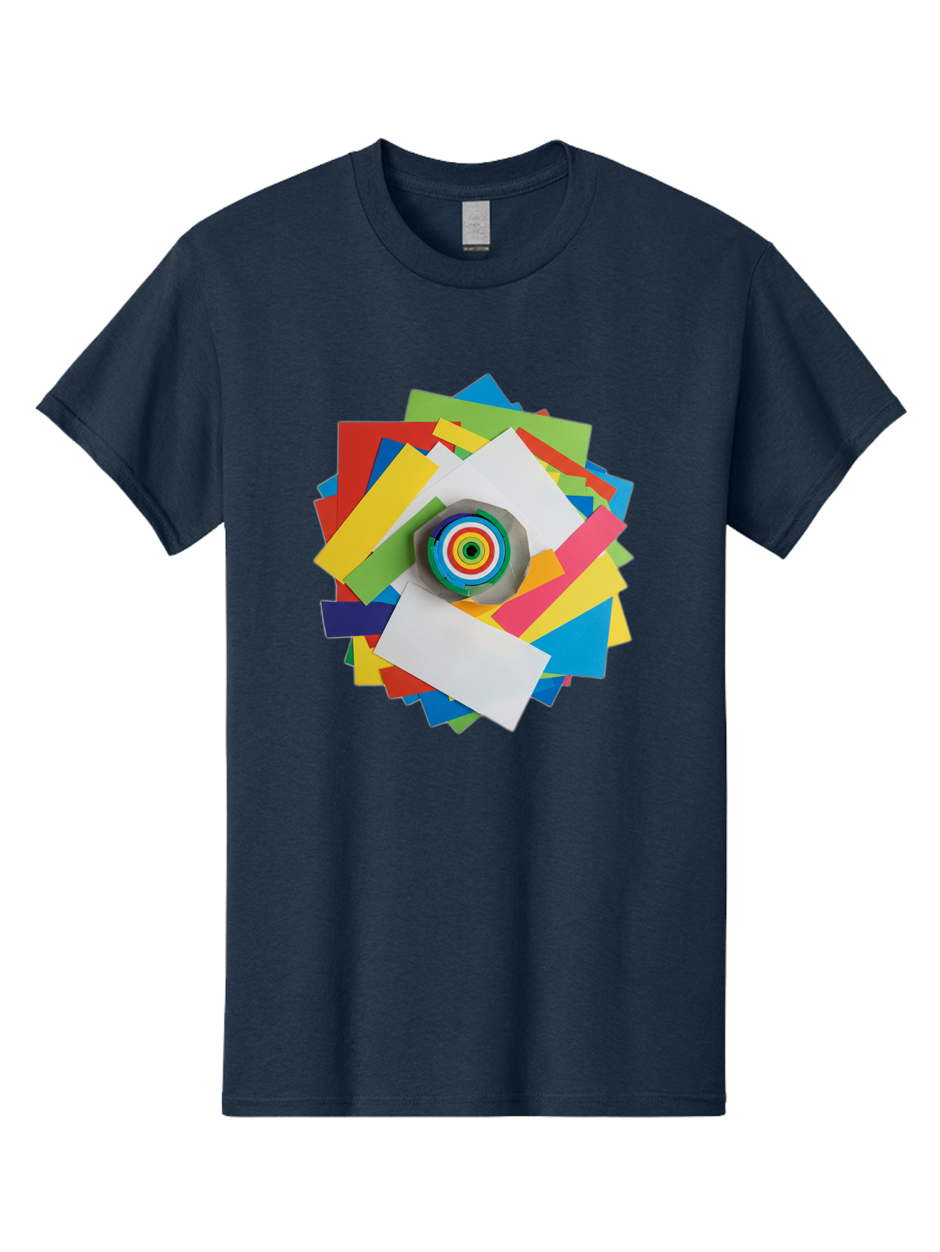 Colorful-Paper-Scraps Men'S Graphic Tee, 100% Cotton, Comfortable Casual Summer Wear, Machine Washable, Multicolored Papers, Camera Lens, Creative Collage, Art Supplies, Vibrant Colors, Colorful Textures, Abstract Art, Photography Equipment Bac886