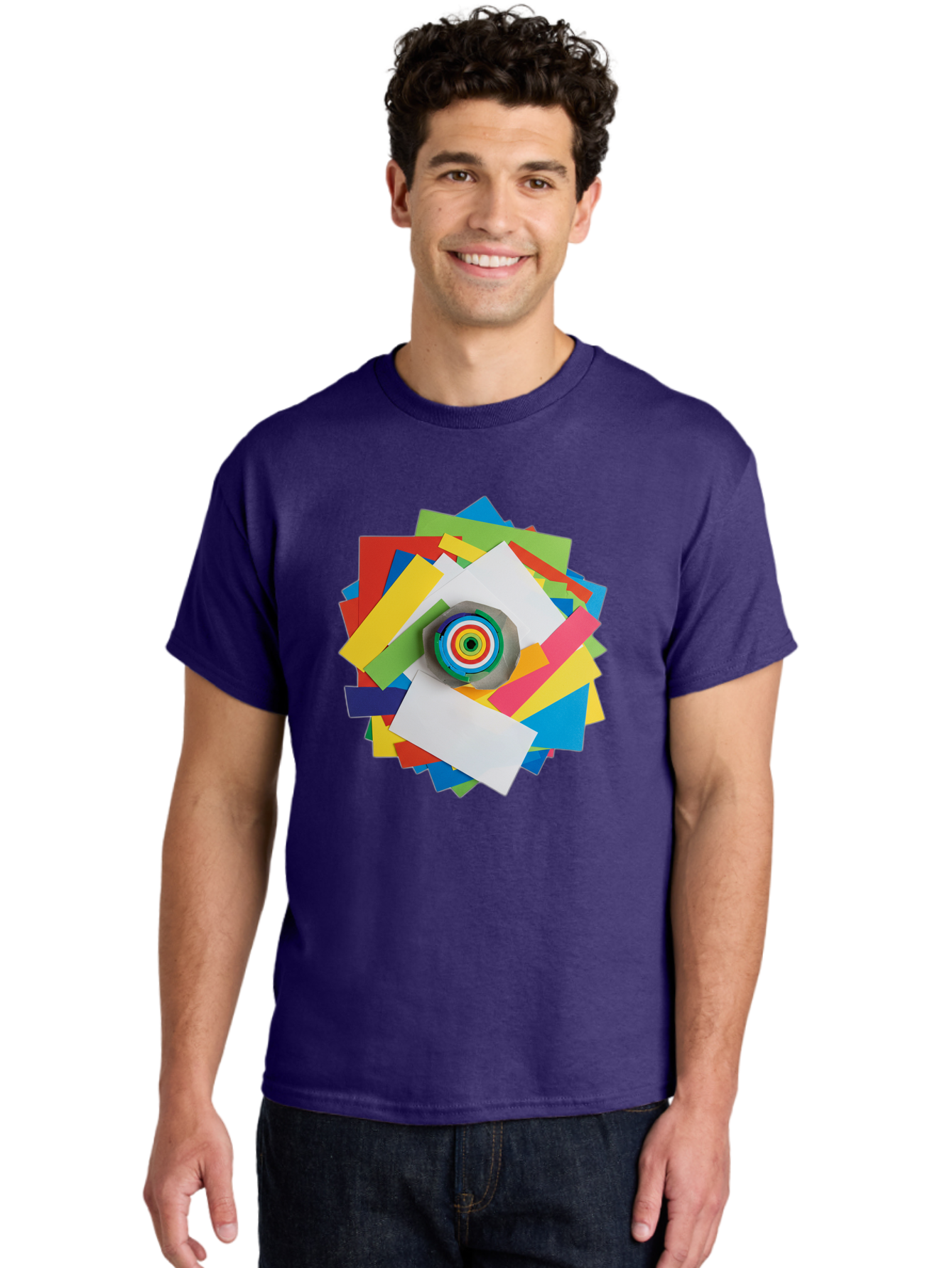 Colorful-Paper-Scraps Men'S Graphic Tee, 100% Cotton, Comfortable Casual Summer Wear, Machine Washable, Multicolored Papers, Camera Lens, Creative Collage, Art Supplies, Vibrant Colors, Colorful Textures, Abstract Art, Photography Equipment Bac886