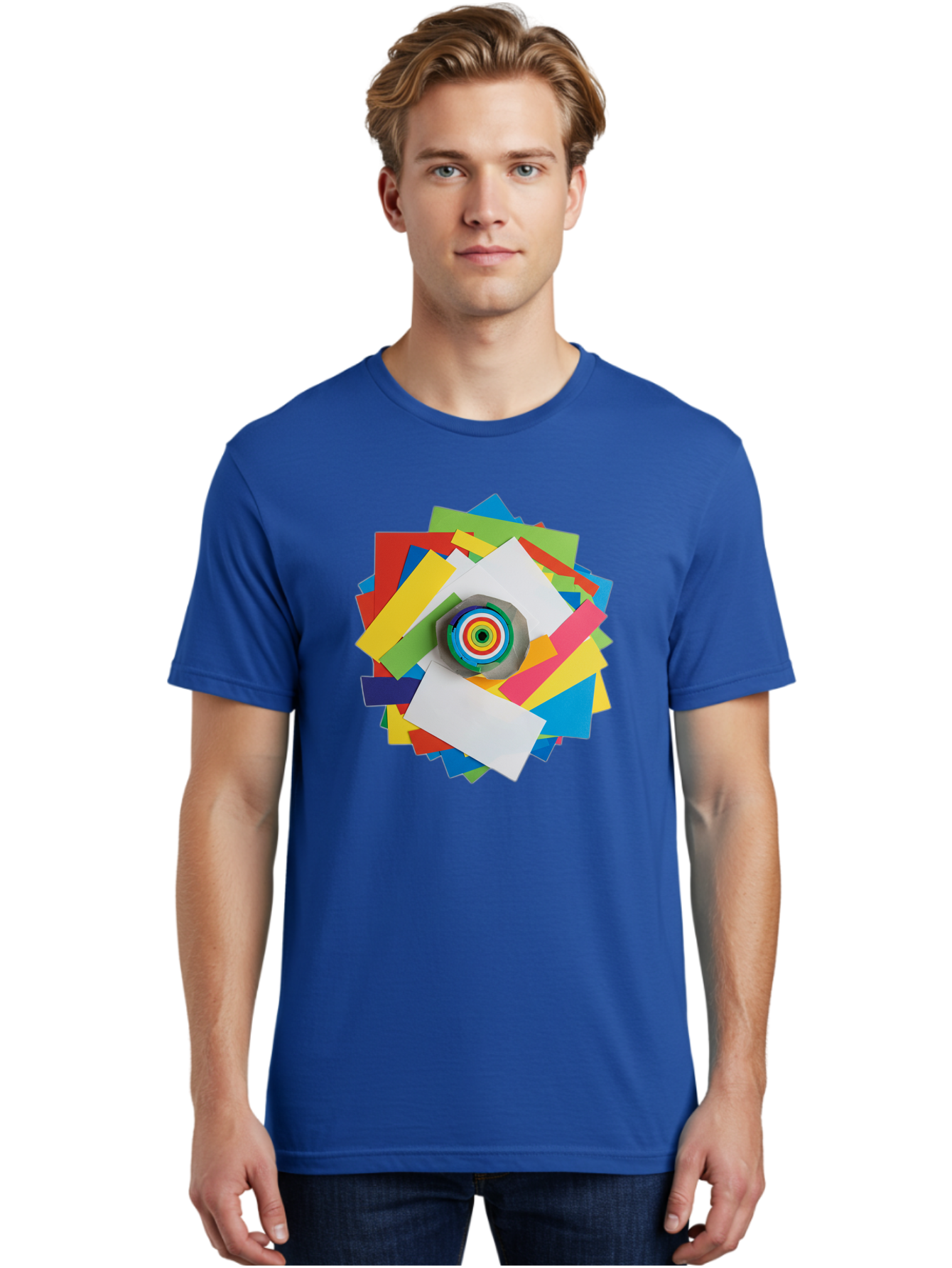 Colorful-Paper-Scraps Men'S Graphic Tee, 100% Cotton, Comfortable Casual Summer Wear, Machine Washable, Multicolored Papers, Camera Lens, Creative Collage, Art Supplies, Vibrant Colors, Colorful Textures, Abstract Art, Photography Equipment Bac886