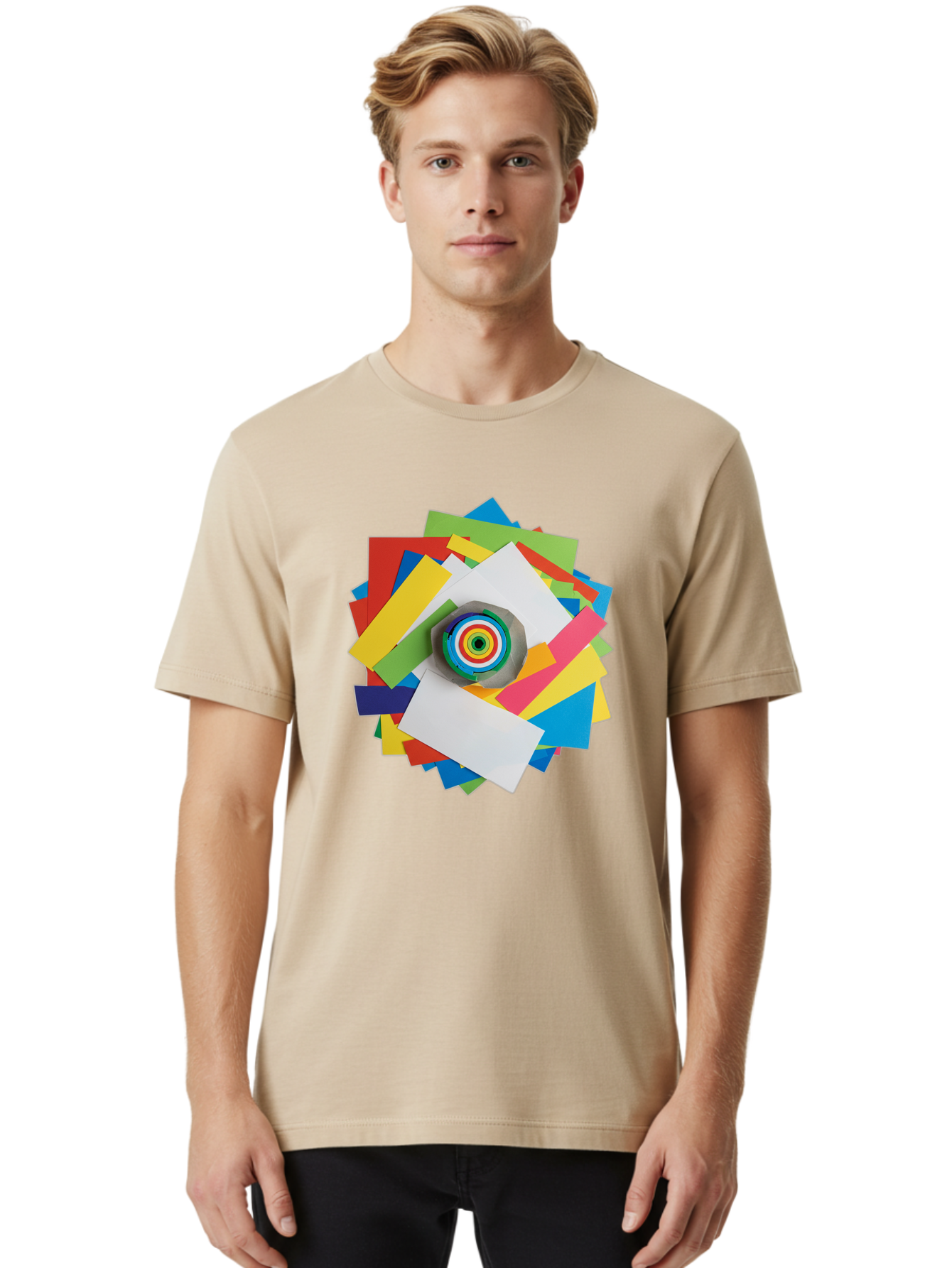 Colorful-Paper-Scraps Men'S Graphic Tee, 100% Cotton, Comfortable Casual Summer Wear, Machine Washable, Multicolored Papers, Camera Lens, Creative Collage, Art Supplies, Vibrant Colors, Colorful Textures, Abstract Art, Photography Equipment Bac886