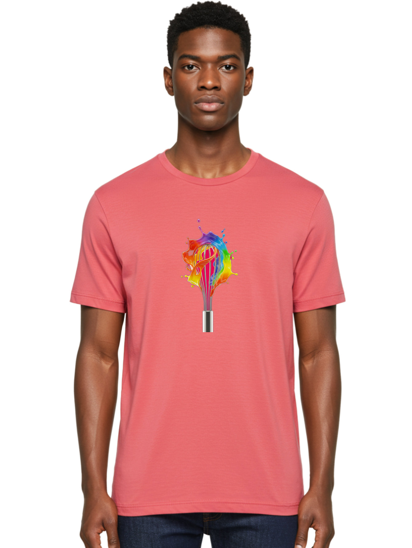 Colorful-Whisk-Splash Men'S Graphic Tee, 100% Cotton, Comfortable Casual Summer Wear, Machine Washable, Rainbow-Colored Splash, Kitchen Utensil, Vibrant Colors, Dynamic Movement, Creative Cooking, Artistic Design, Colorful Swirl, Bac887