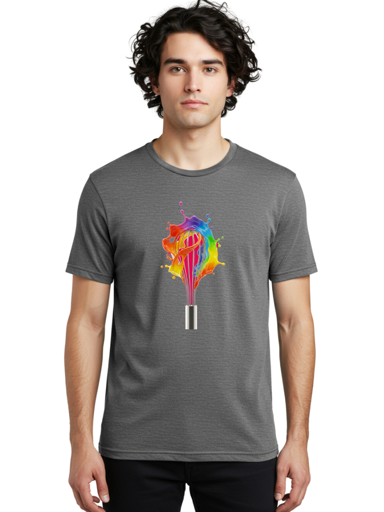Colorful-Whisk-Splash Men'S Graphic Tee, 100% Cotton, Comfortable Casual Summer Wear, Machine Washable, Rainbow-Colored Splash, Kitchen Utensil, Vibrant Colors, Dynamic Movement, Creative Cooking, Artistic Design, Colorful Swirl, Bac887