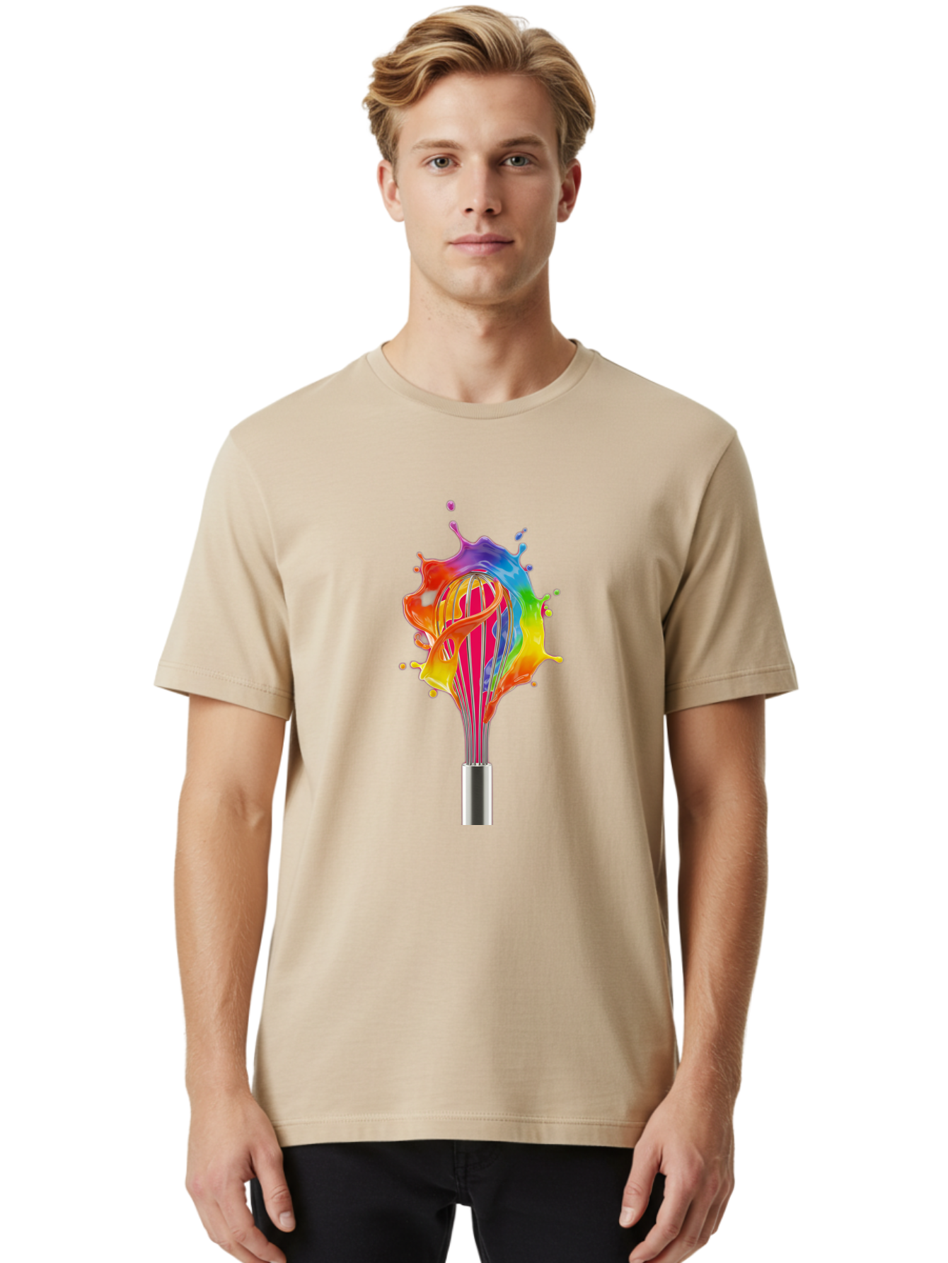 Colorful-Whisk-Splash Men'S Graphic Tee, 100% Cotton, Comfortable Casual Summer Wear, Machine Washable, Rainbow-Colored Splash, Kitchen Utensil, Vibrant Colors, Dynamic Movement, Creative Cooking, Artistic Design, Colorful Swirl, Bac887